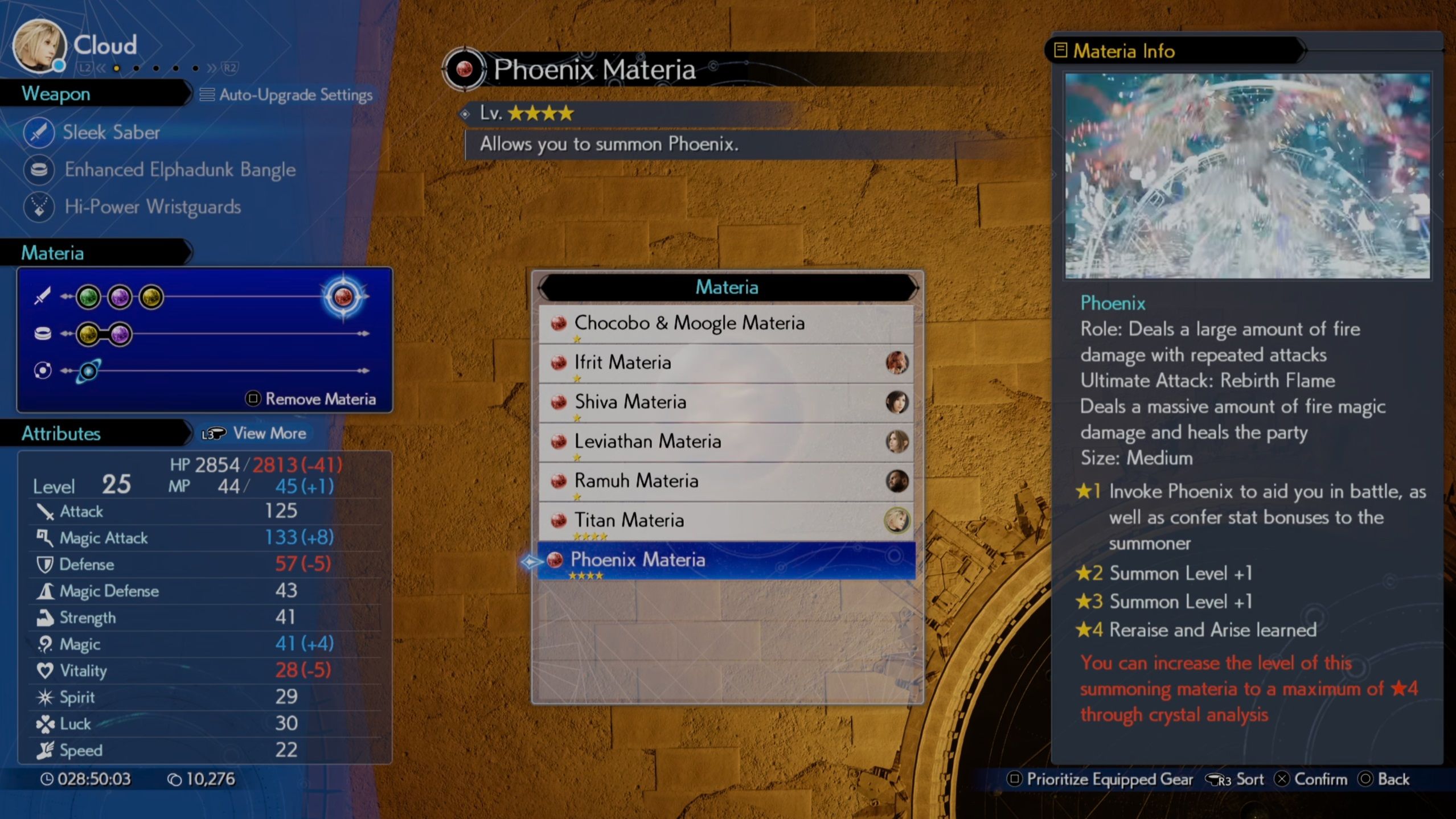 Phoenix Materia en la pantalla Summon Materia en FF7 Rebirth