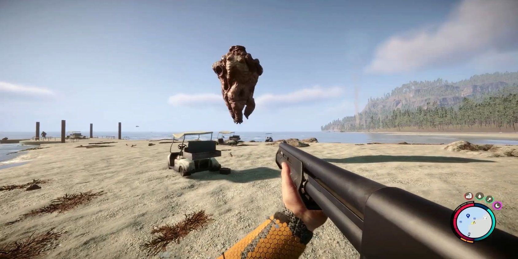 Holey en el aire durante el ataque de salto de Sons of the Forest