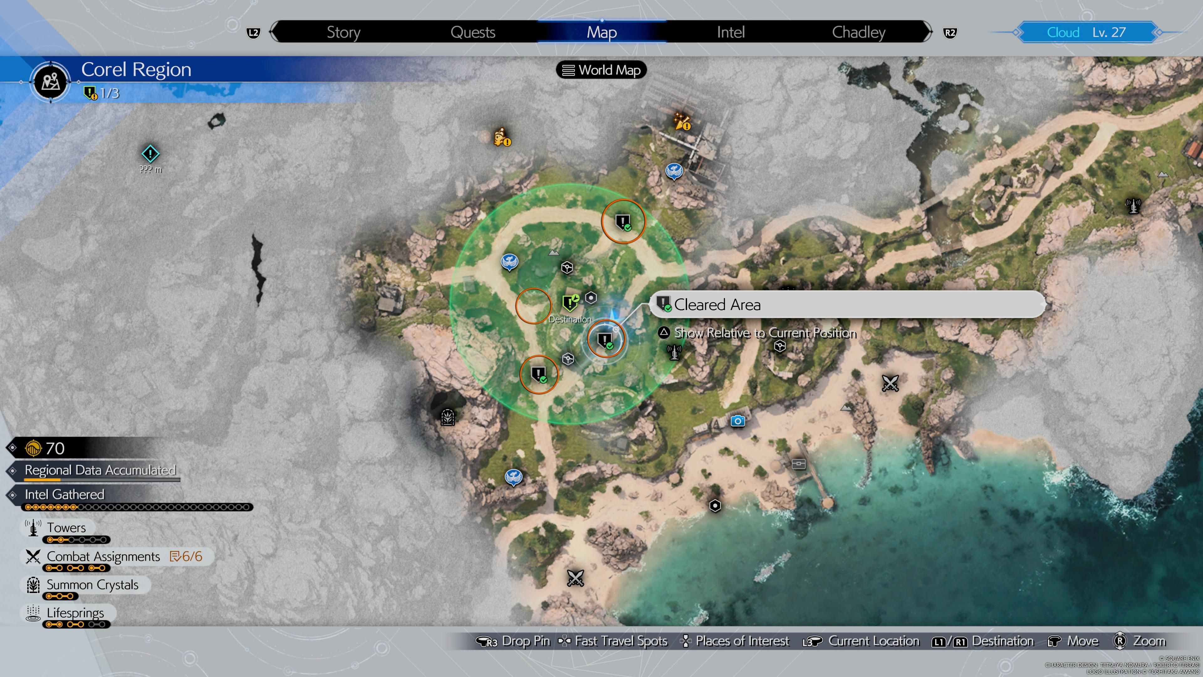 Cuatro círculos en el mapa que muestran la ubicación de los cuatro monstruos del grupo alrededor del gimnasio de Jules – FF7 Rebirth
