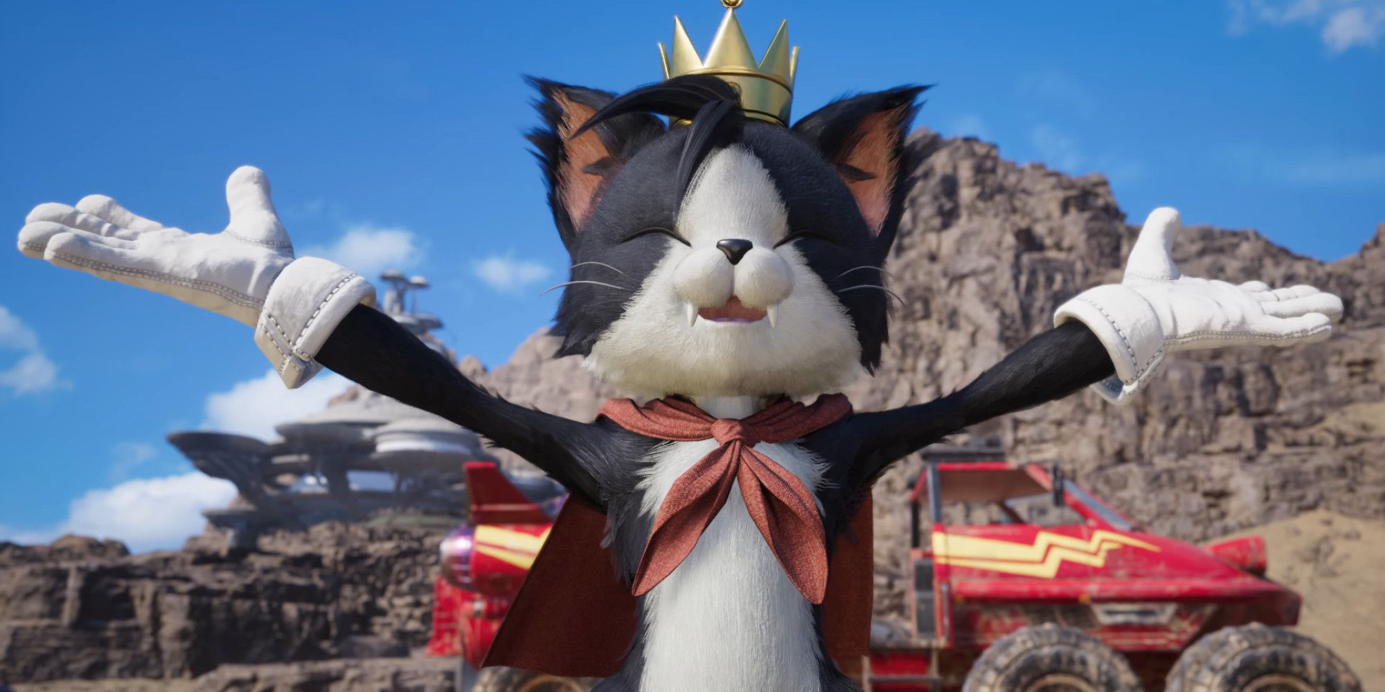 Cait Sith con los brazos extendidos delante de un vehículo en Final Fantasy 7 Rebirth