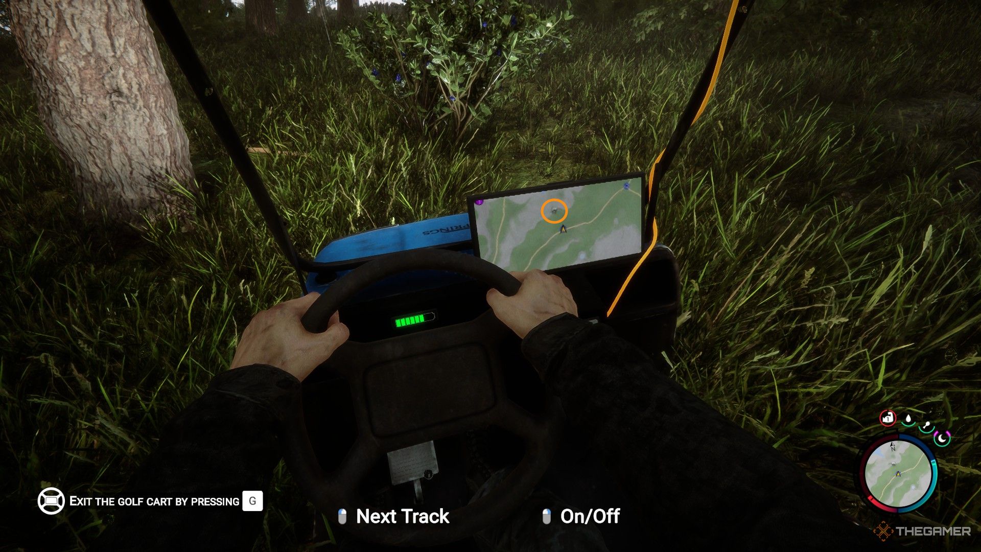 Una captura de pantalla de Sons of the Forest que muestra el ala delta gris en el mapa del carrito de golf.