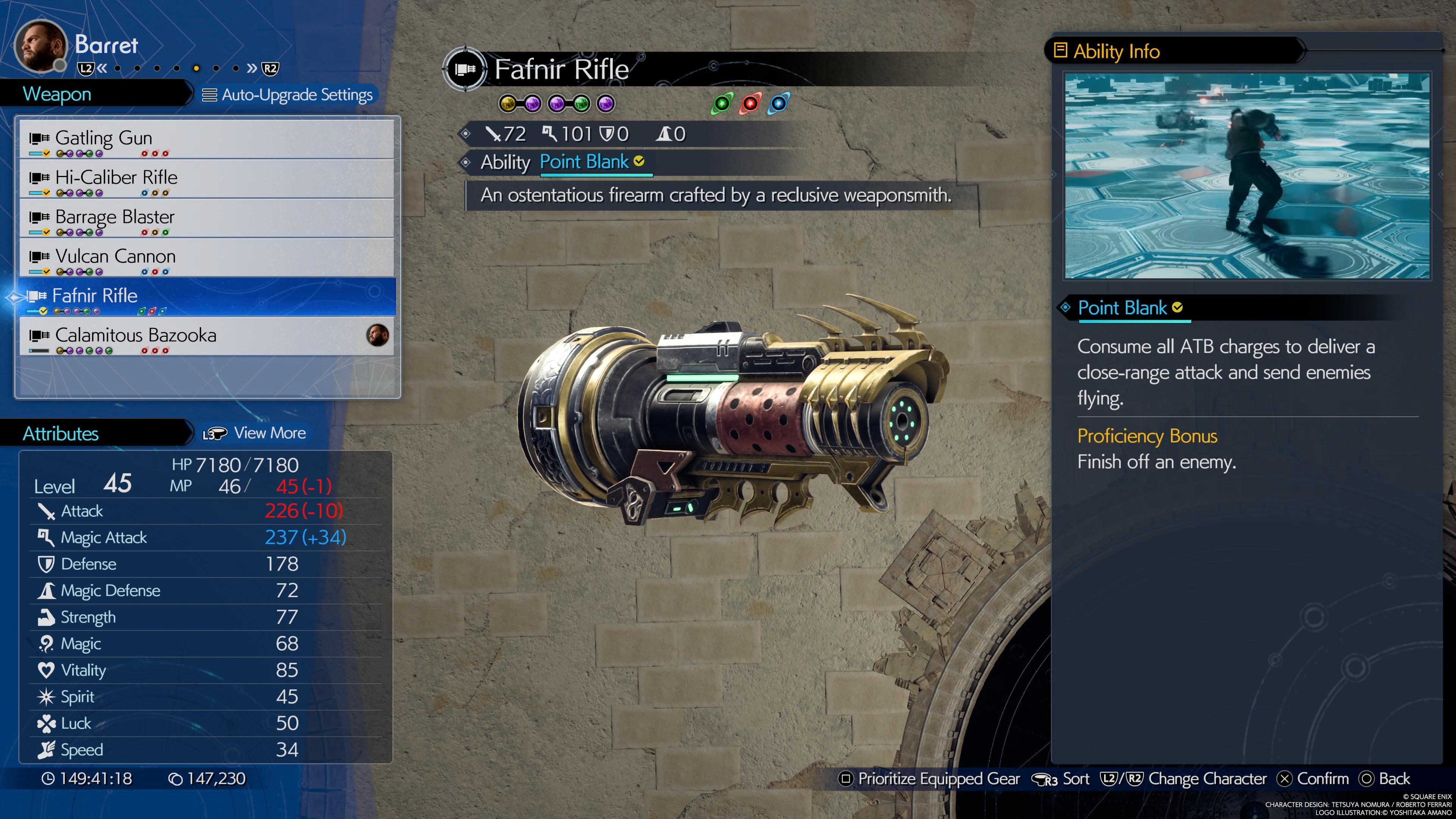 Fafnir Rifle, un arma para Barret Wallace, como se ve en el menú de FF7 Rebirth