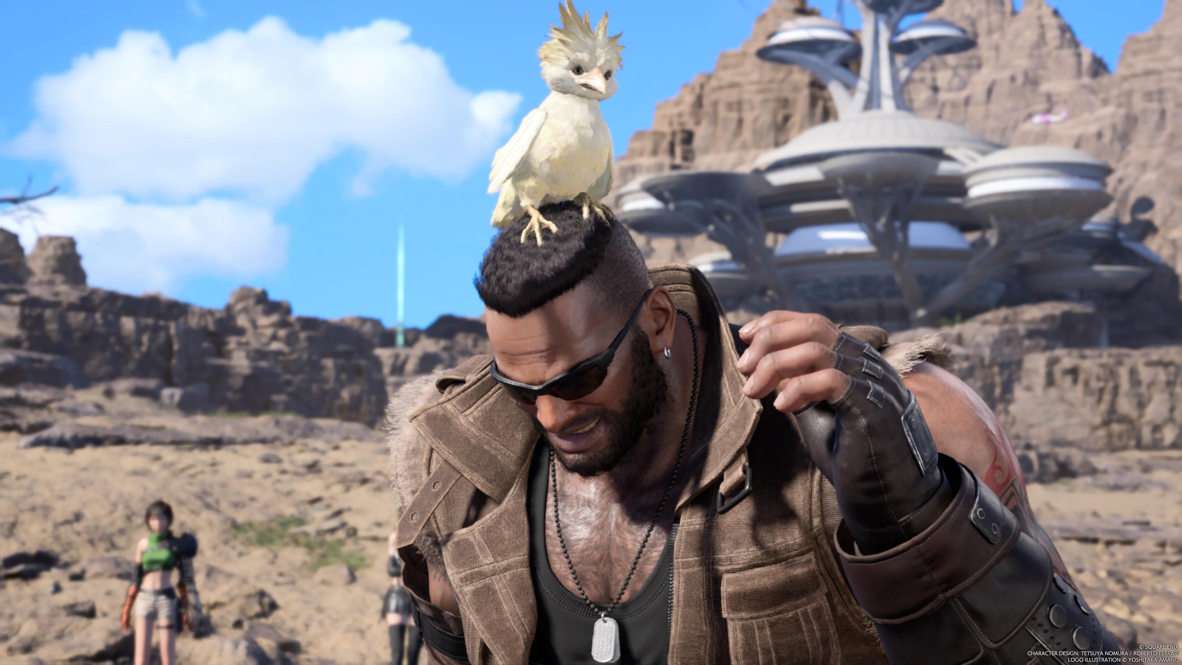 Cloud Jr. está sentado en Barret Head - FF7 Rebirth