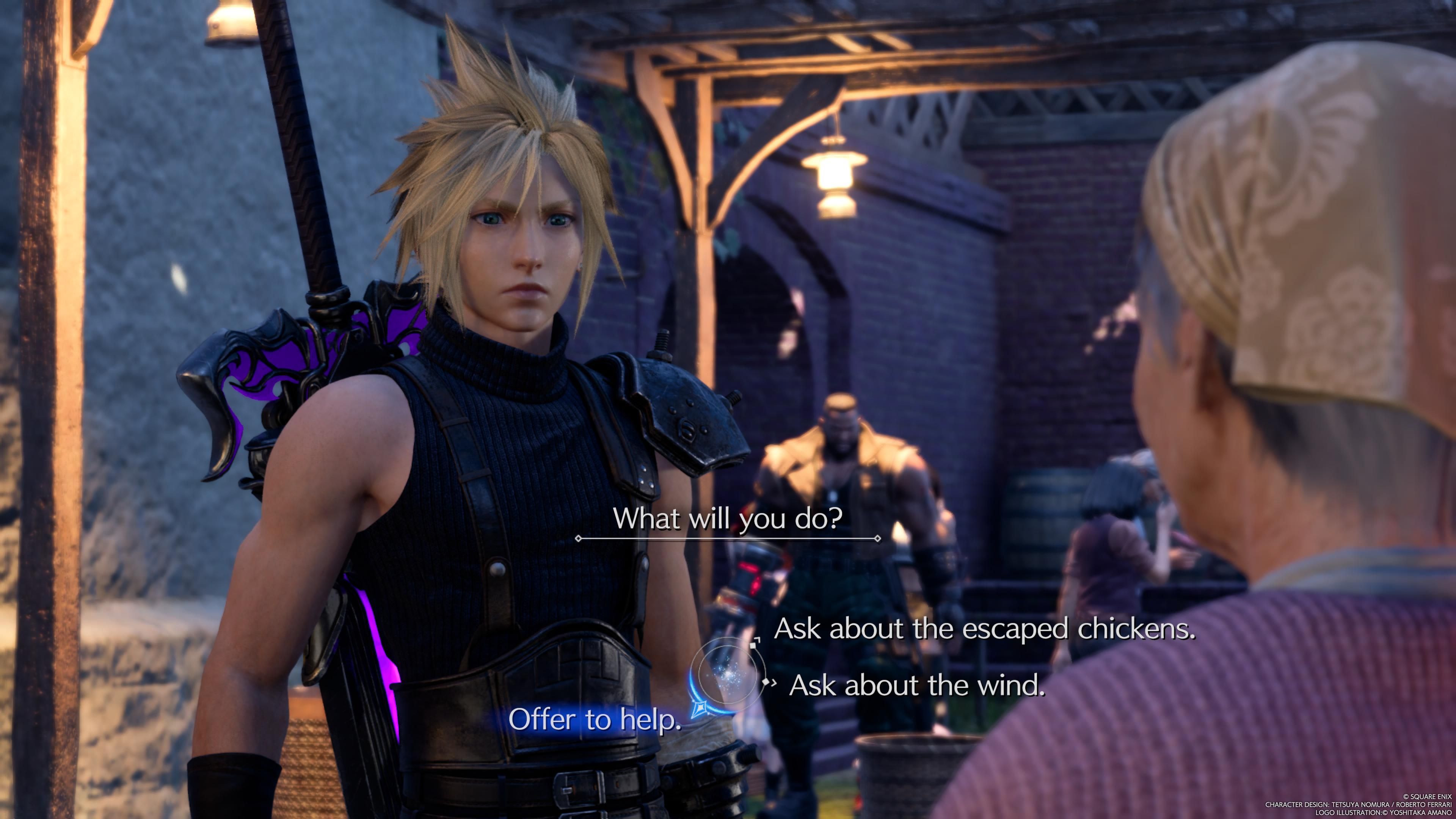 Cloud está a punto de ofrecer ayuda a Kazhra para encontrar sus gallinas - FF7 Rebirth