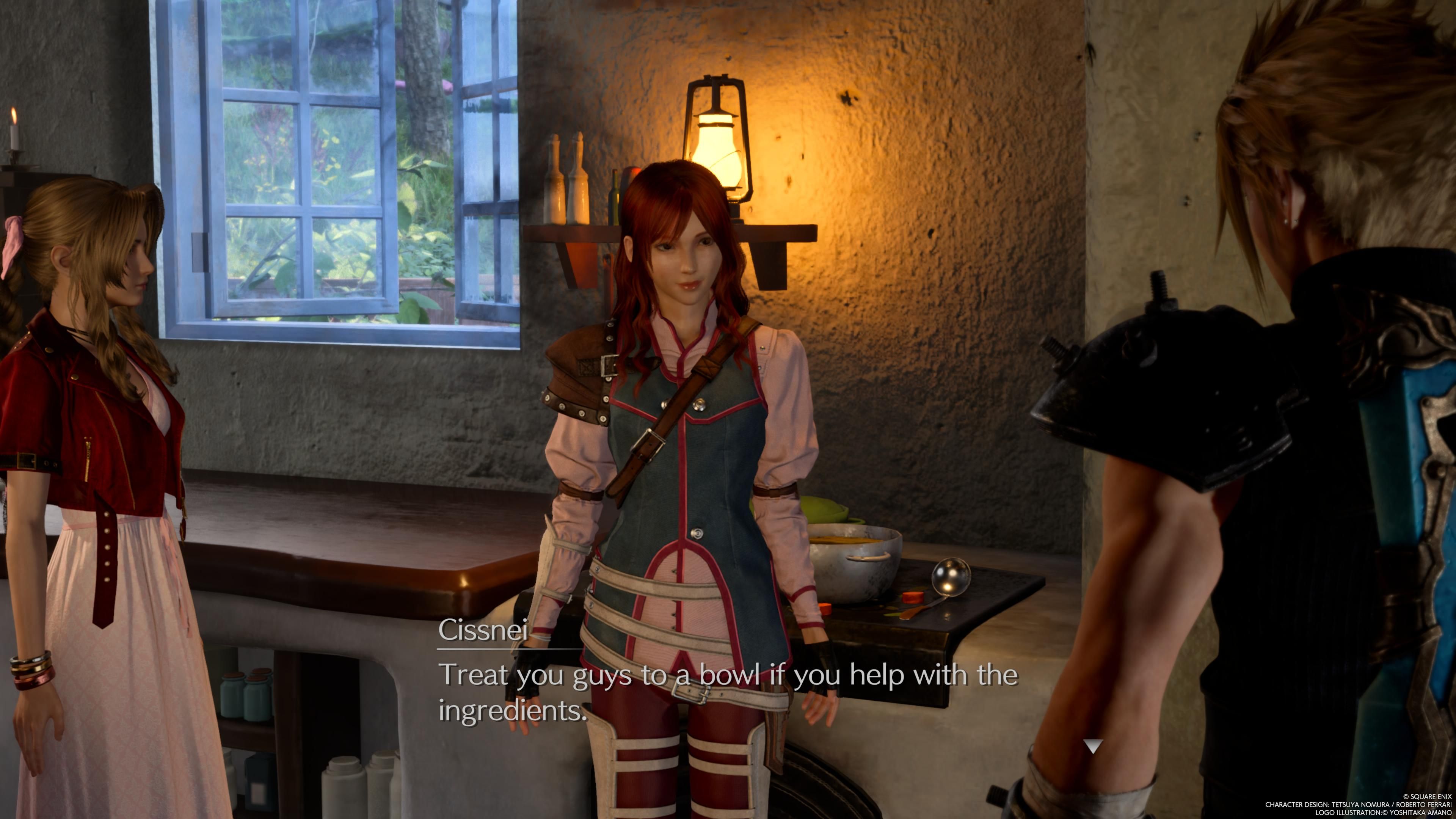 Cissnei ofrece sopa de champiñones a Aerith y Cloud en Gongaga en FF7 Rebirth