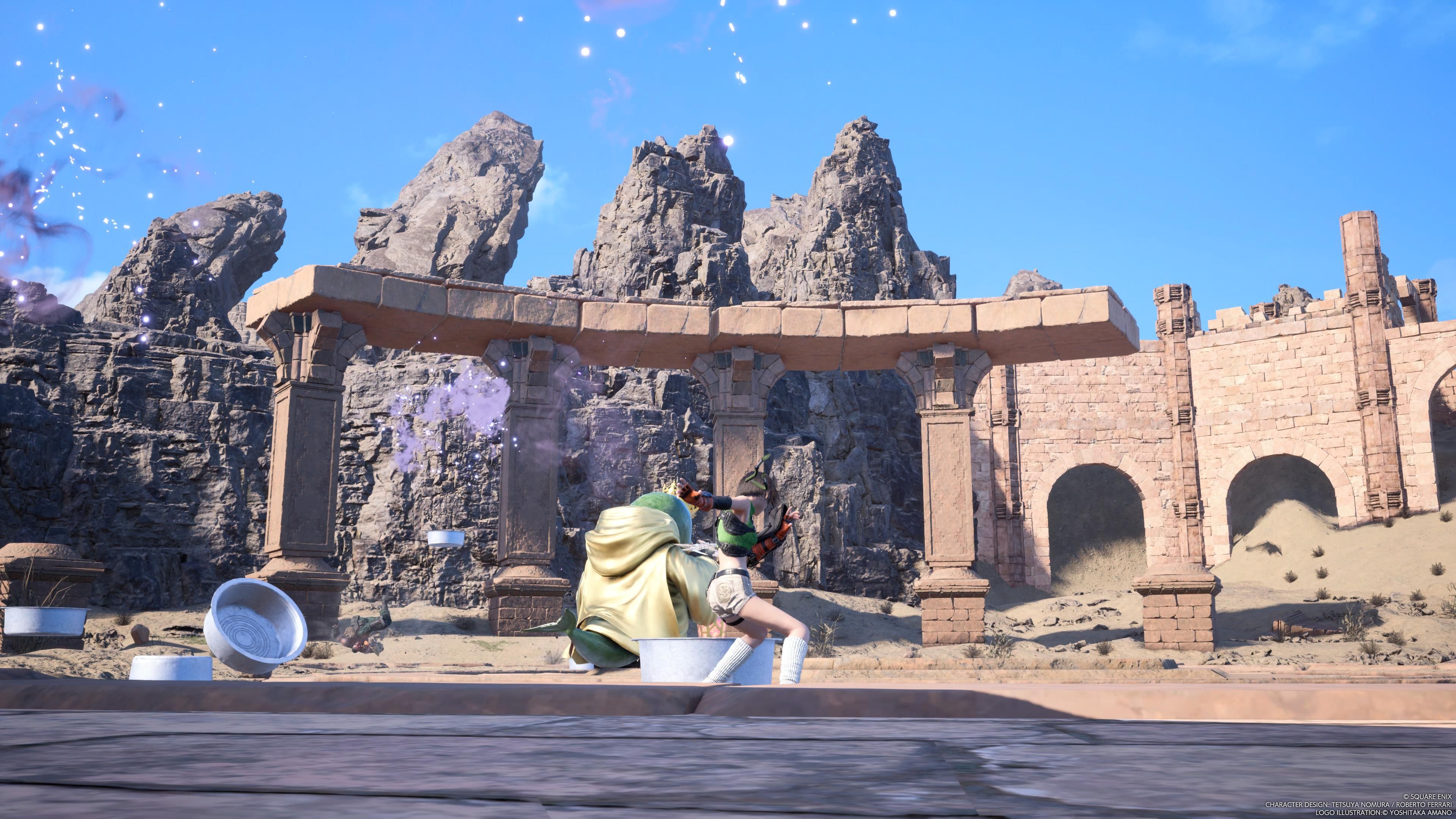 Yuffie evade las ollas y sartenes de Tonberry King en FF7 Rebirth