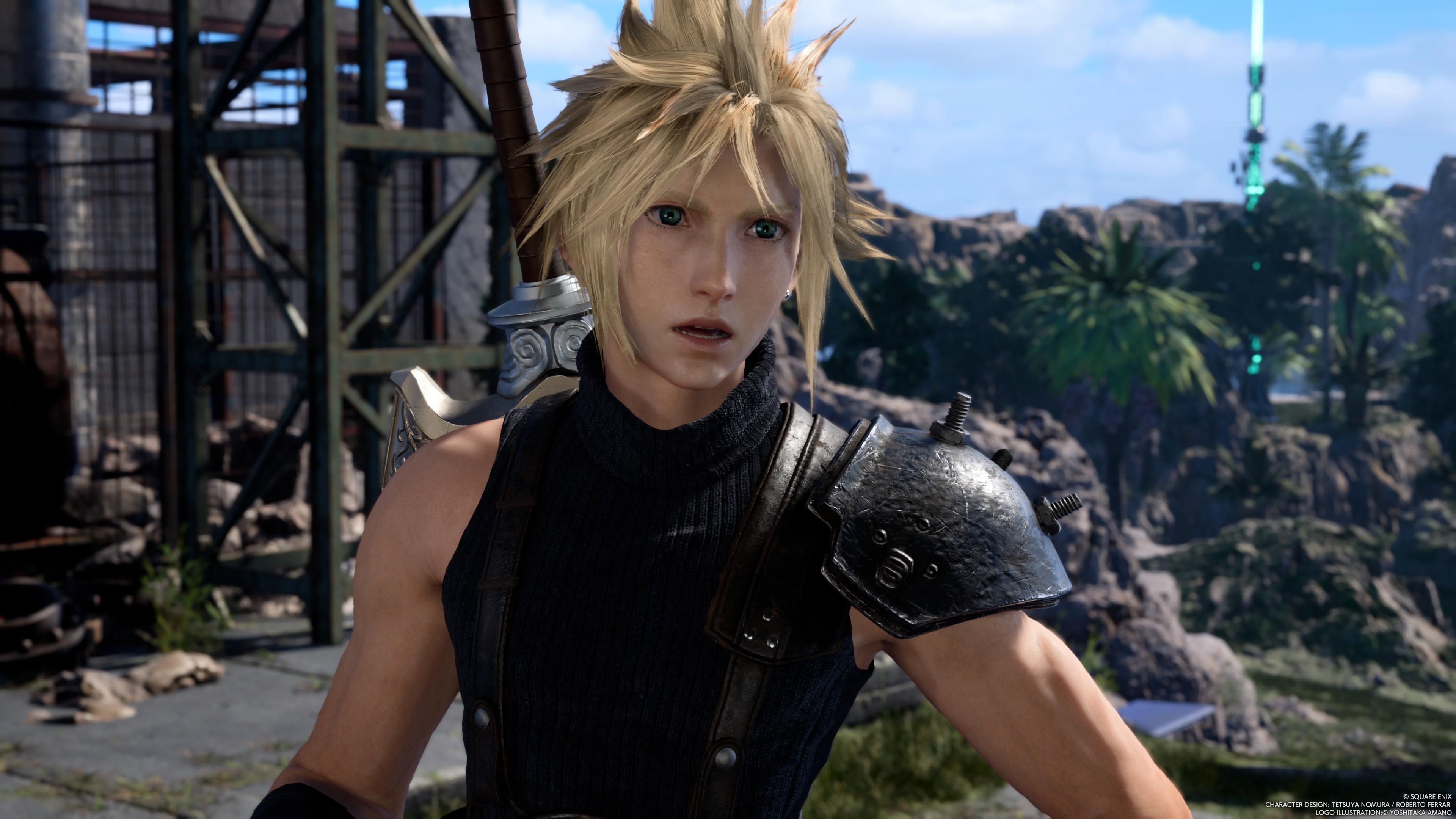 Cloud reaccionando a Johnny cerca de las ruinas de la fábrica en FF7 Rebirth