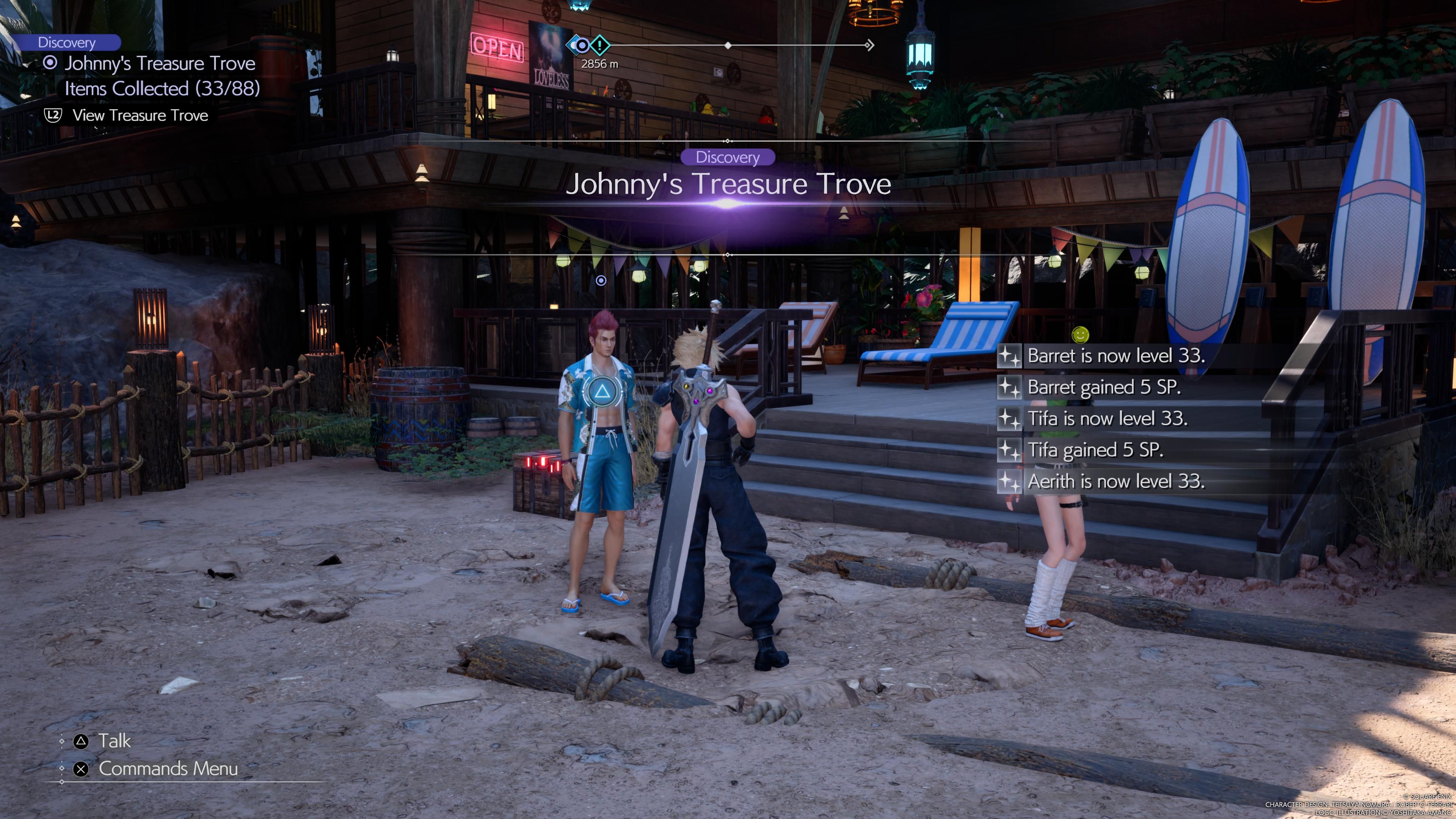 Pantalla de resultados de misiones para Saga of the Seaside Inn mientras Cloud y Johnny pasan el rato juntos en la Costa del Sol en FF7 Rebirth
