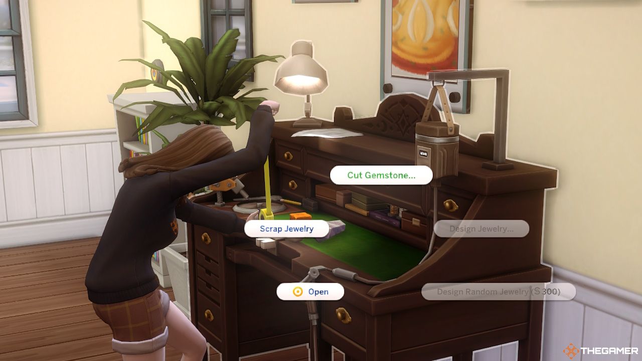 La opción de tallar piedras preciosas en Los Sims 4 seleccionada
