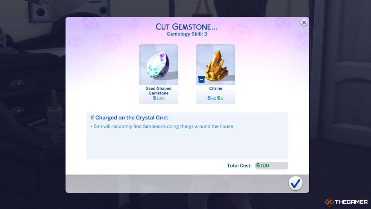 El menú de piedras preciosas talladas en Los Sims 4