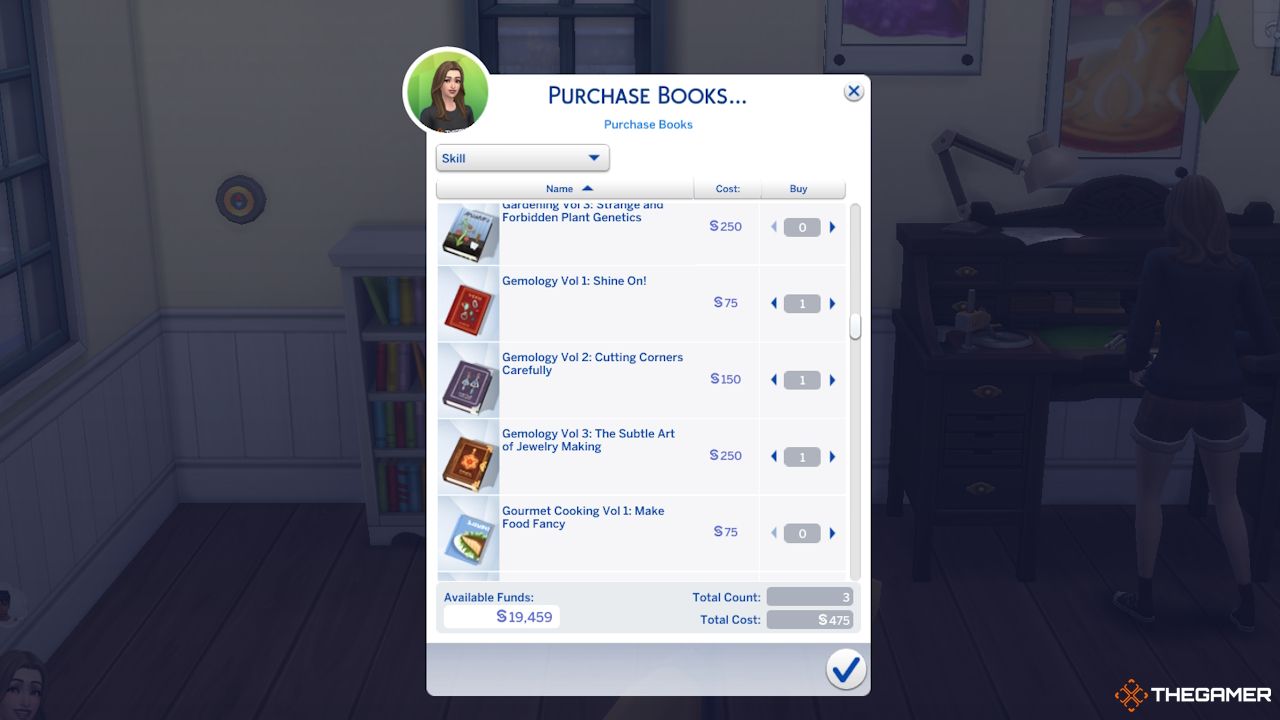 Un Sim compra los libros de habilidades de Gemología en una estantería.