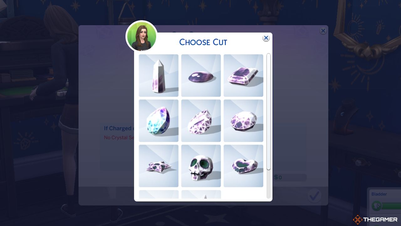 Un Sim elige el corte de una piedra preciosa en Los Sims 4