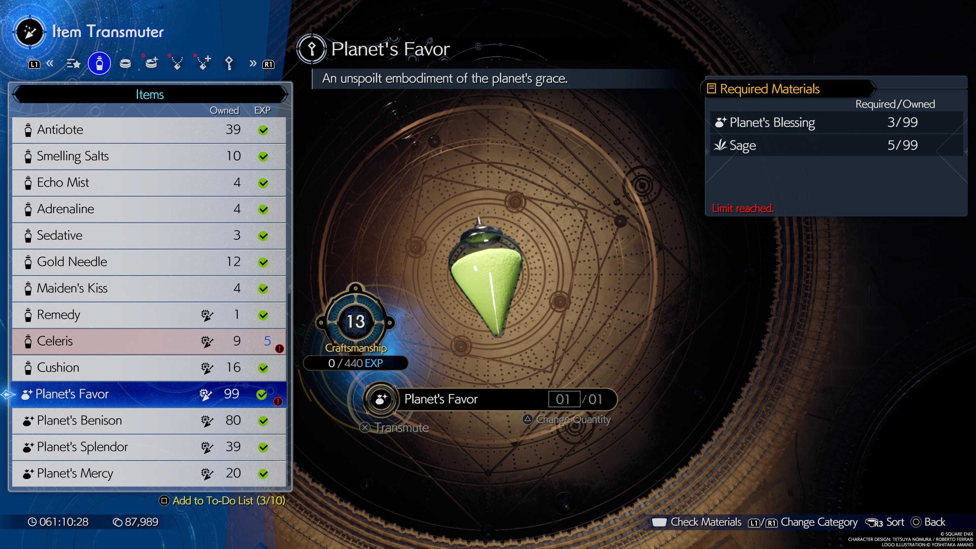 Menú de elaboración del Favor del Planeta - FF7 Rebirth
