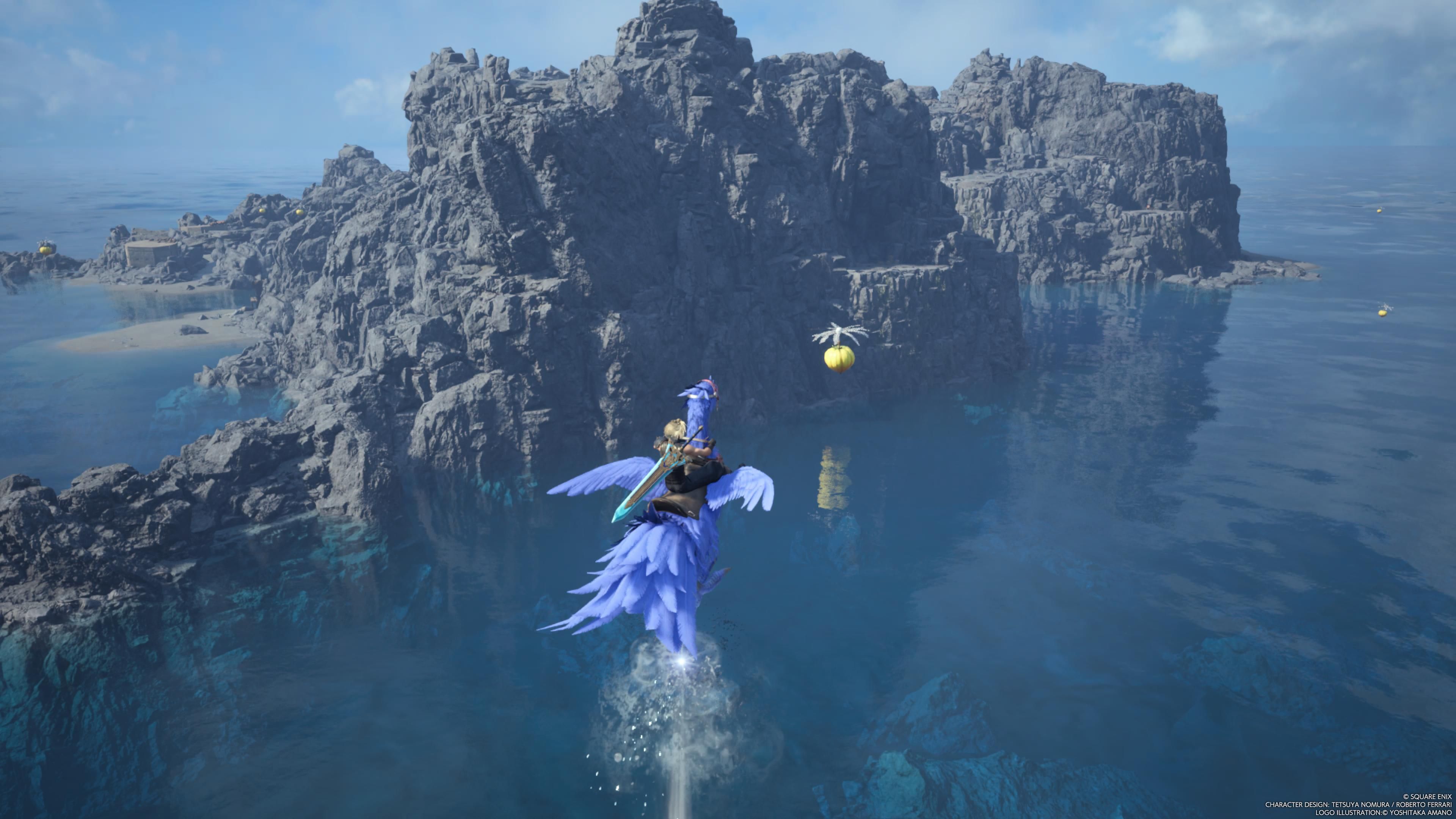 Cloud está volando con su Chocobo para atrapar un Chocograss - FF7 Rebirth