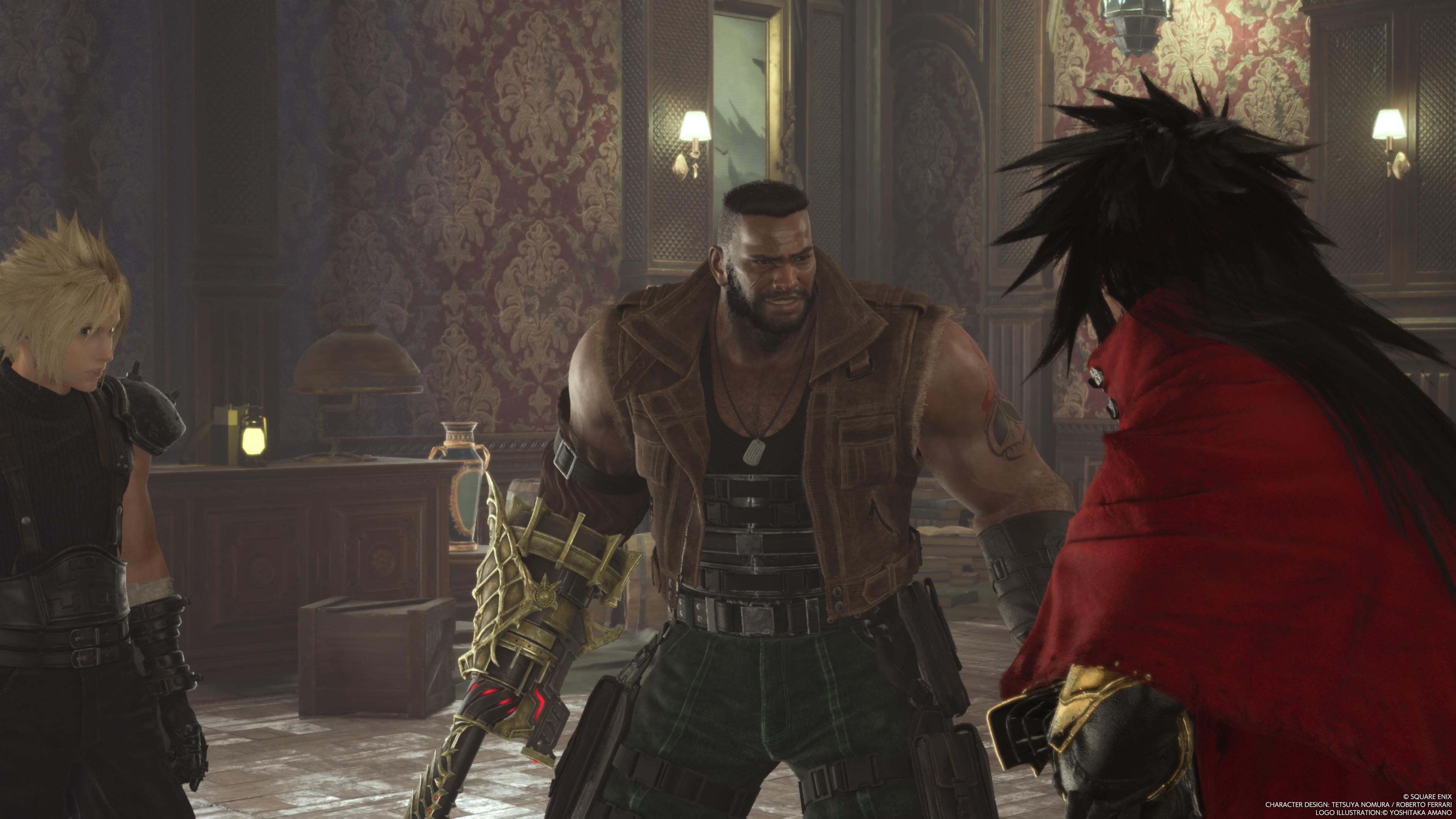 Barret parece asustado mientras habla con Cloud y Vincent - FF7 Rebirth
