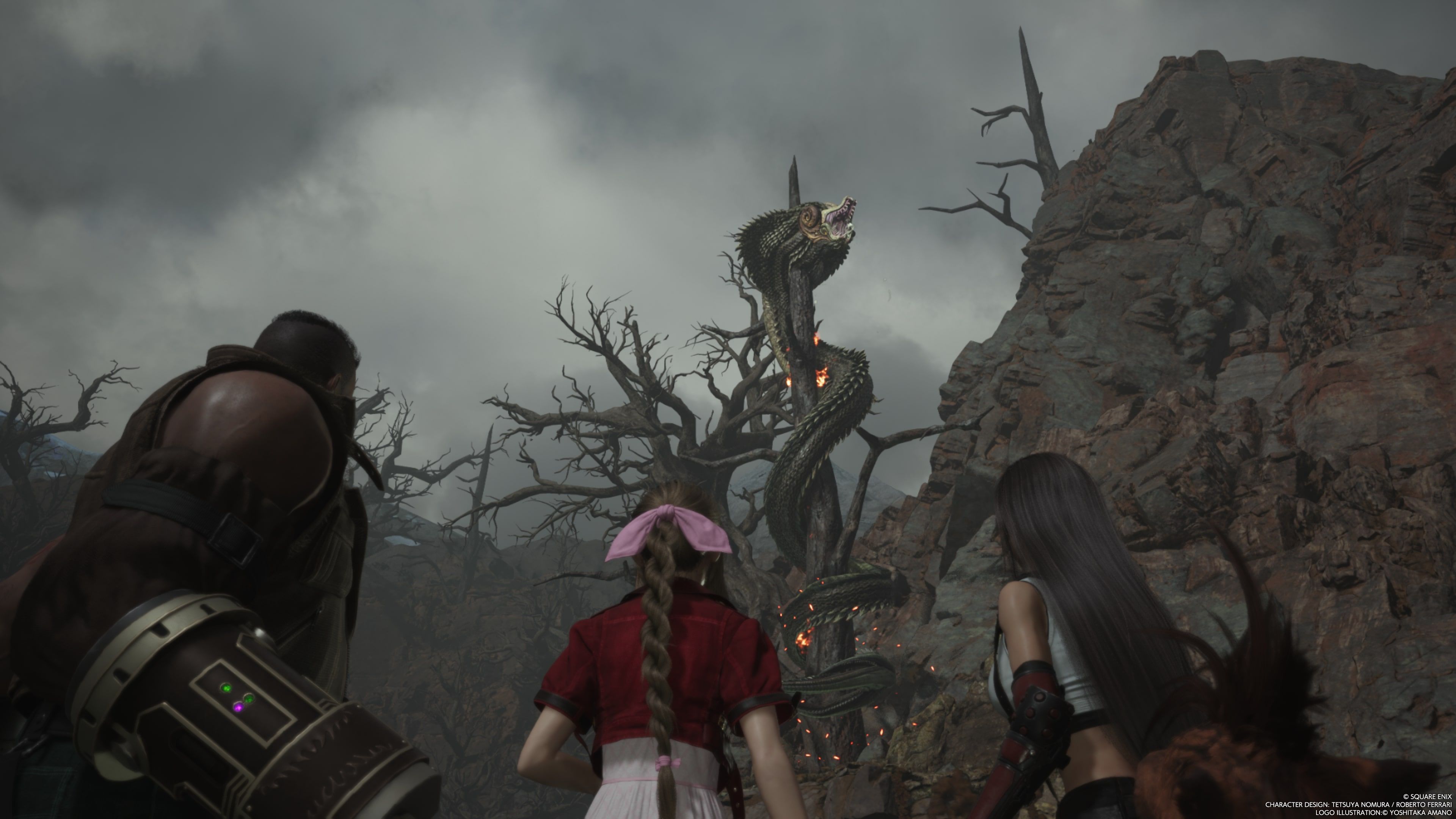 FINAL FANTASY VII REBIRTH Barret, Aerith y Tifa mirando a Midgardsormr
