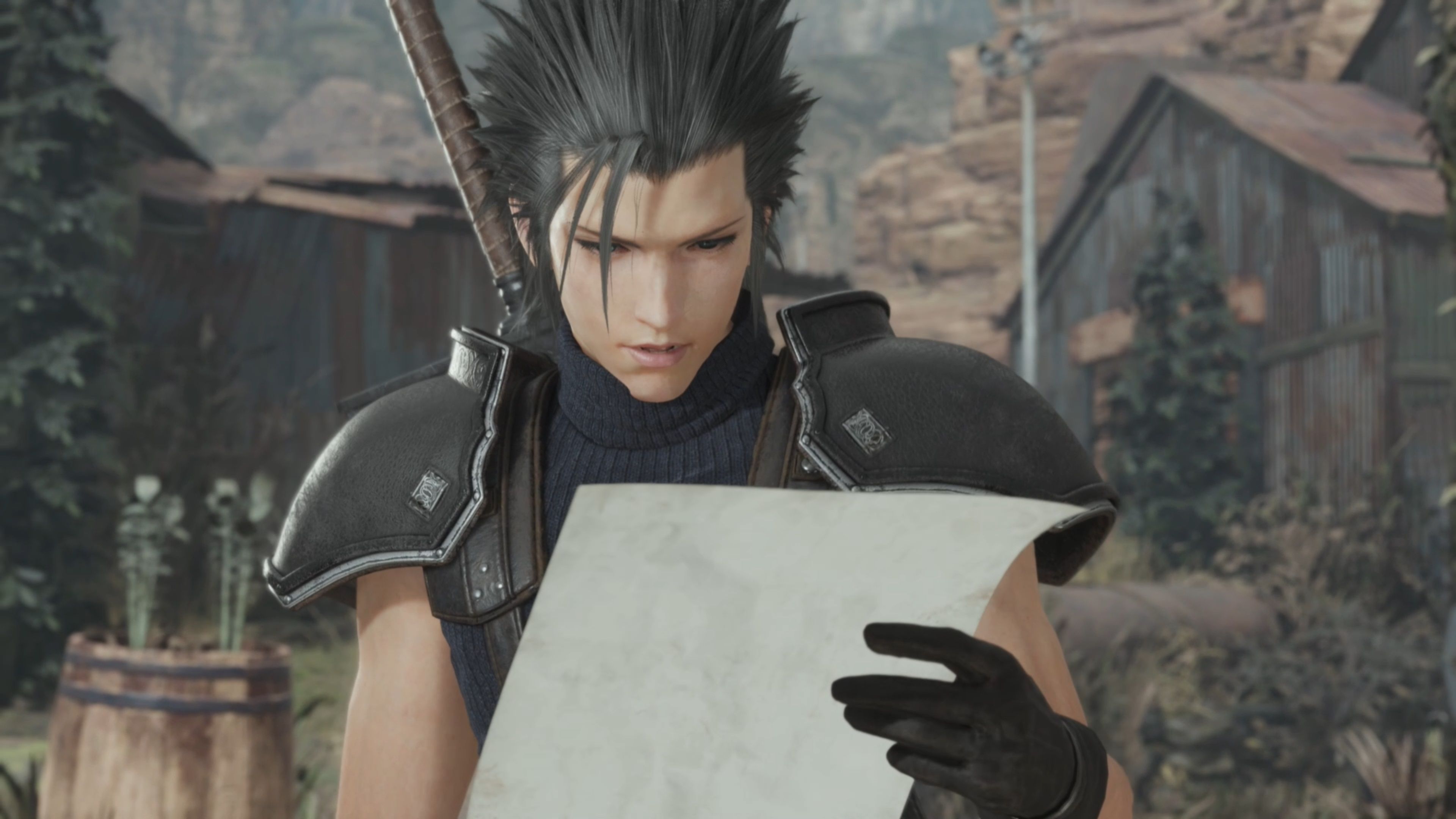Zack leyendo un folleto en Final Fantasy 7 Rebirth
