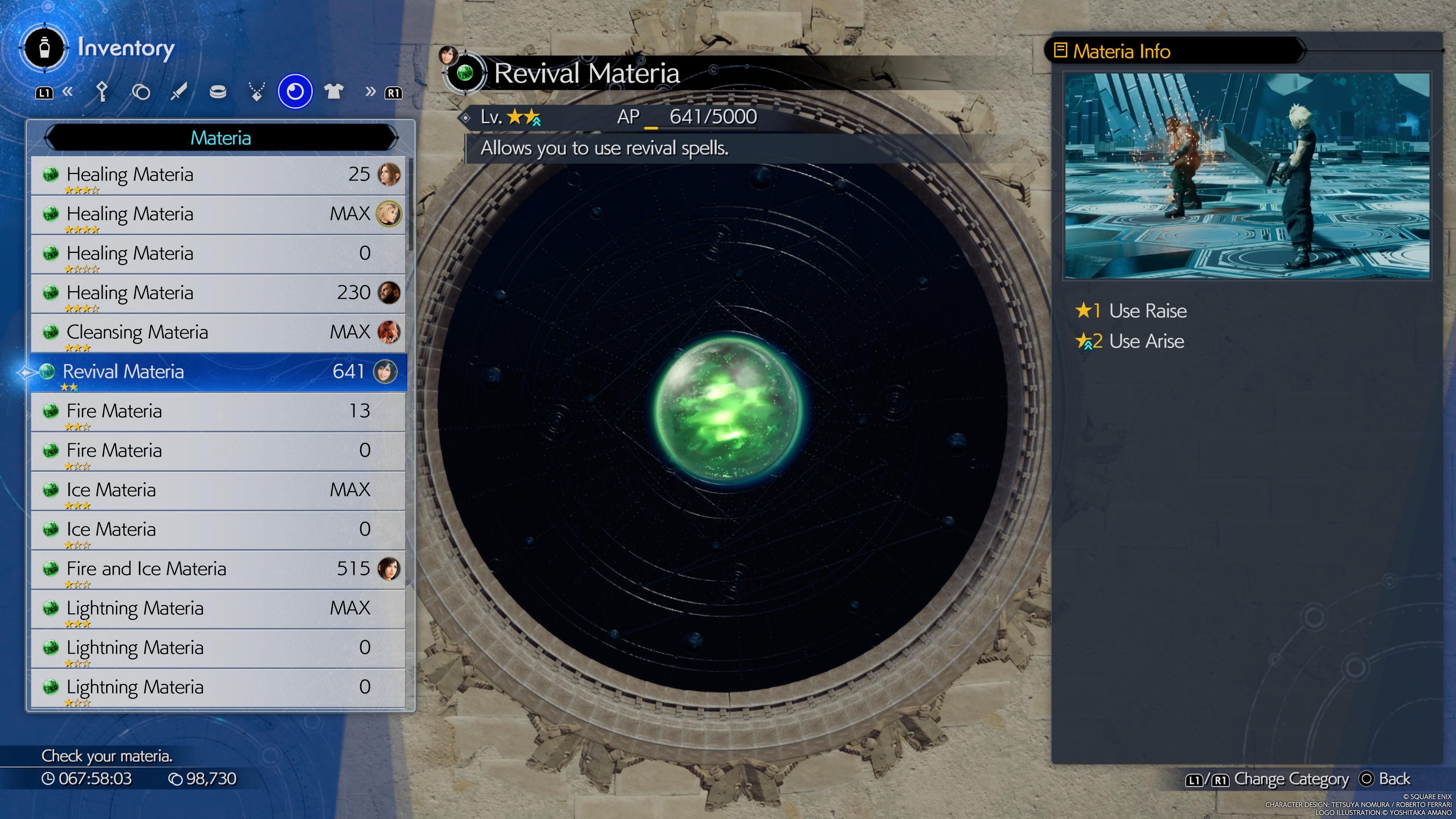 Información de Revival Materia - FF7 Renacimiento