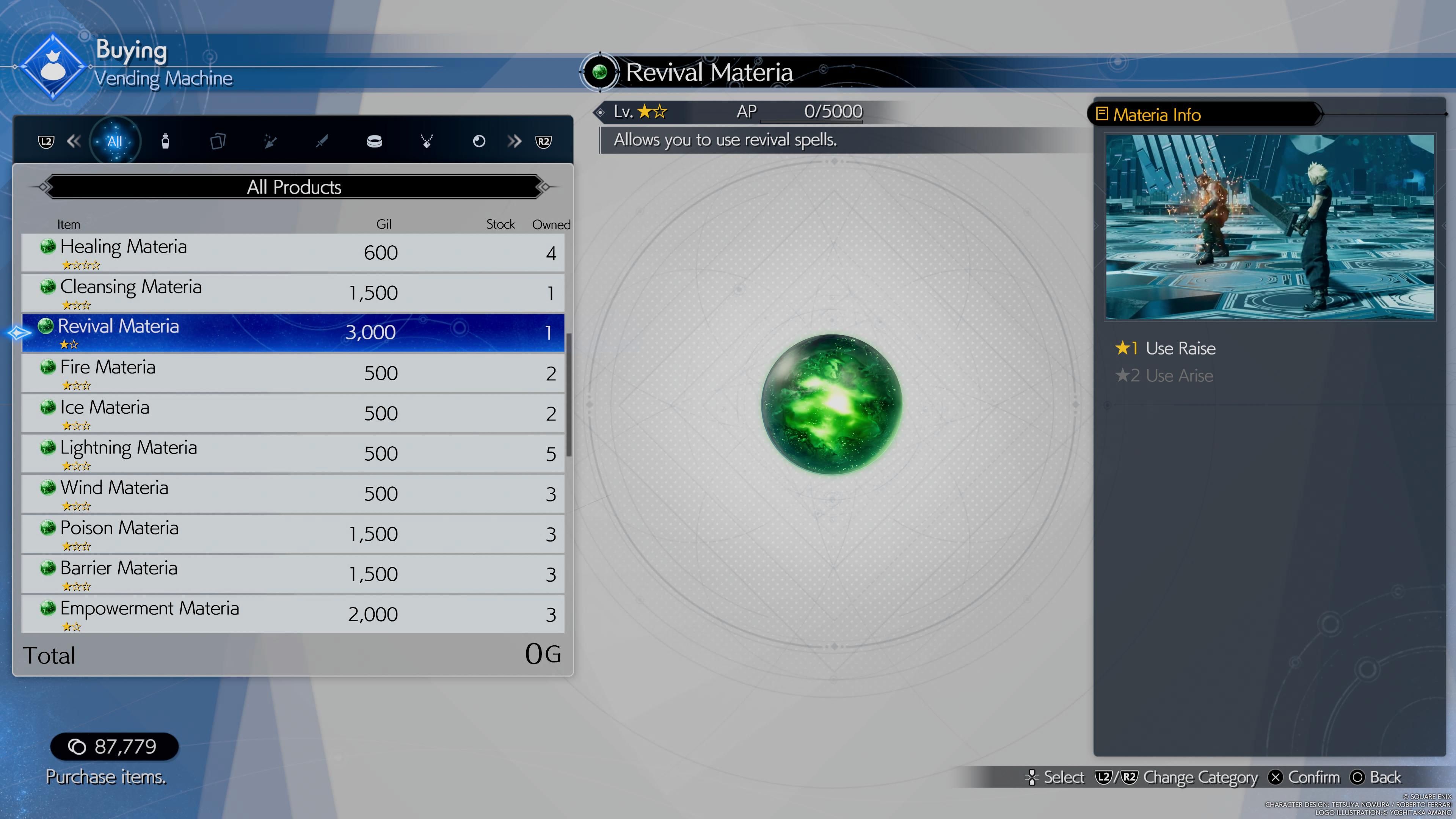 La materia de avivamiento se puede comprar por 3000 gil - FF7 Rebirth