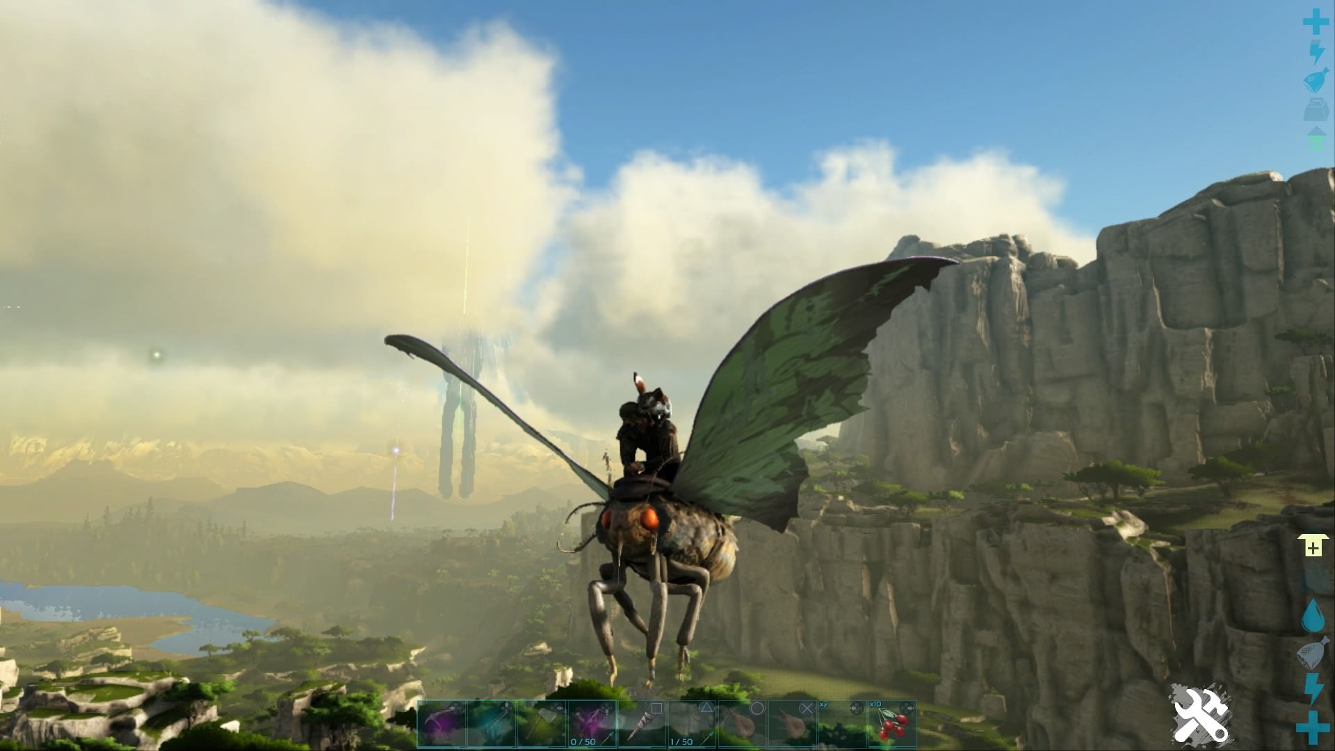 Personaje del jugador montando una Lymantria ensillada durante el día en el mapa de Valguero en Ark: Survival Evolved.
