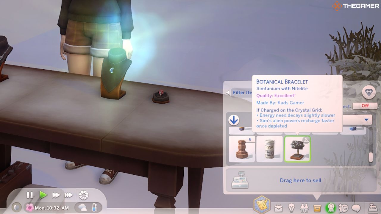 La calidad de una pulsera comprobada en el menú de Los Sims 4