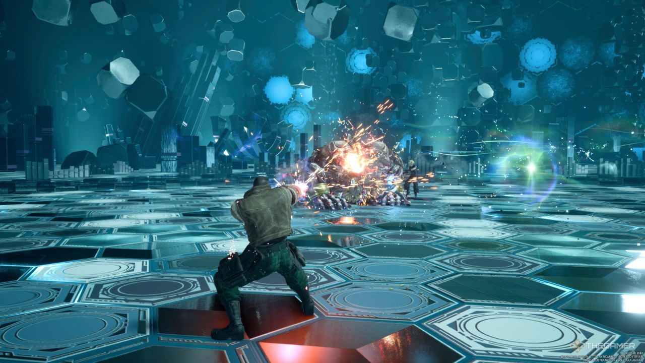Barret usa su habilidad Maximum Fury a distancia para aumentar el indicador de escalonamiento de Titán en Final Fantasy 7 Rebirth.