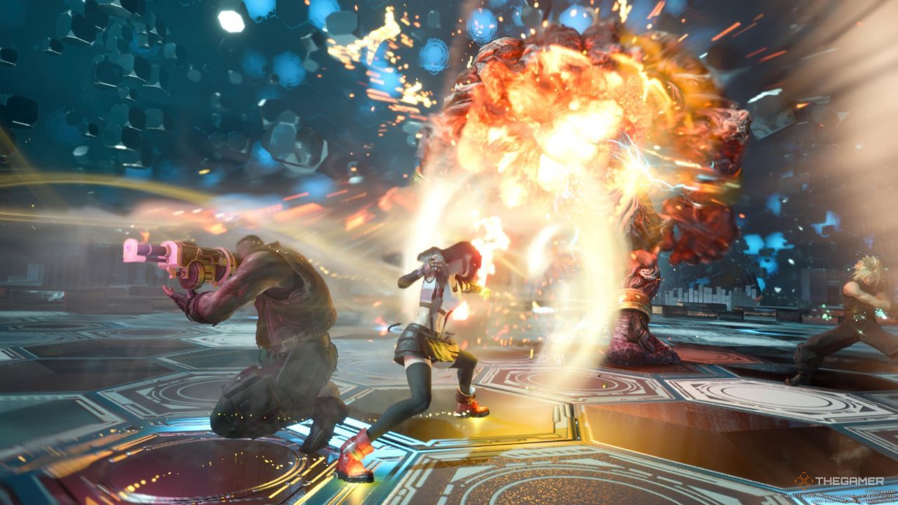 Barret se asocia con Tifa para desatar su habilidad Avalanche Two Step Synergy contra Titán en Final Fantasy 7 Rebirth.