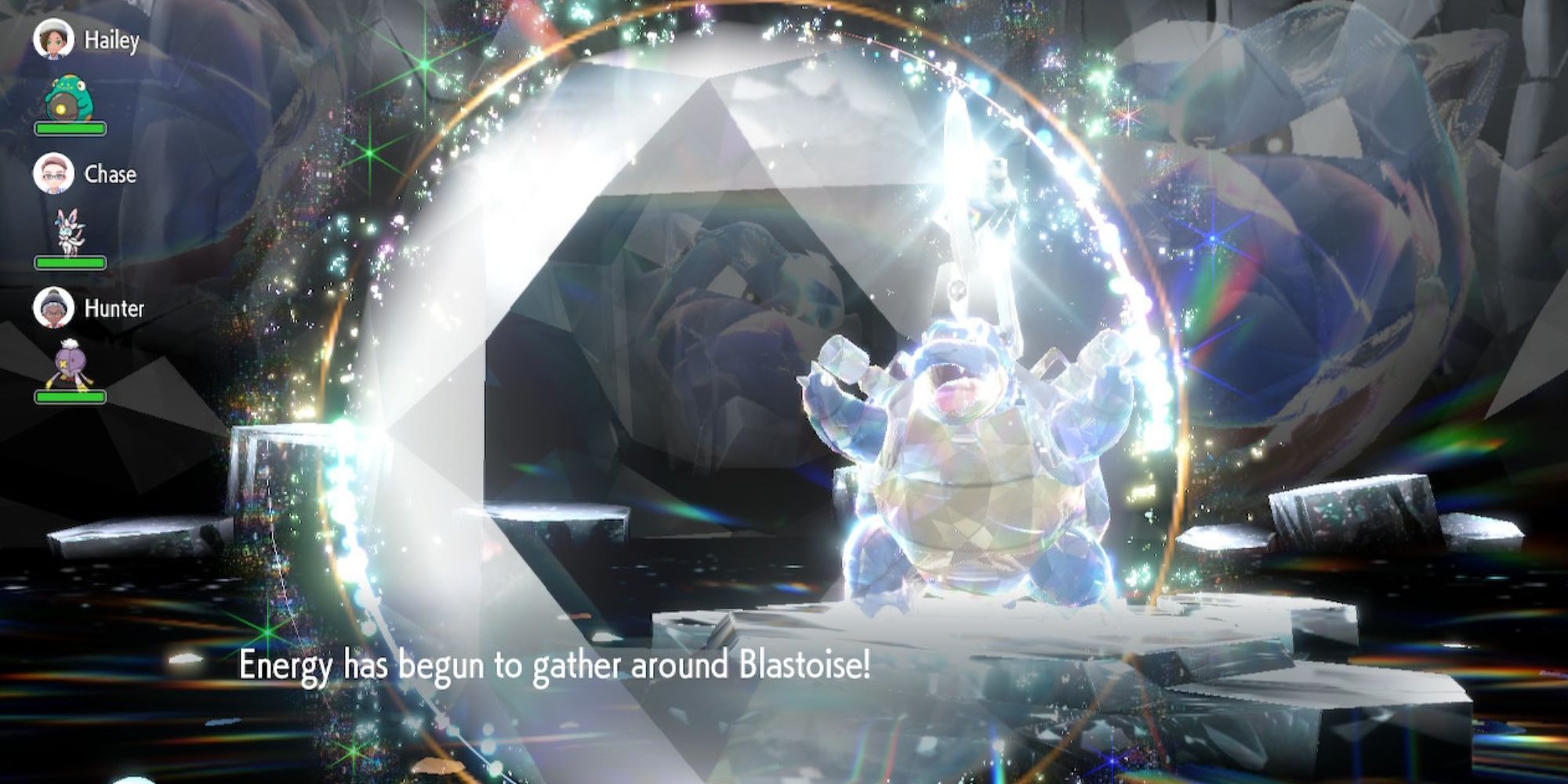 Una captura de pantalla de Blastoise en Pokémon Escarlata y Violeta activando su Escudo Tera.