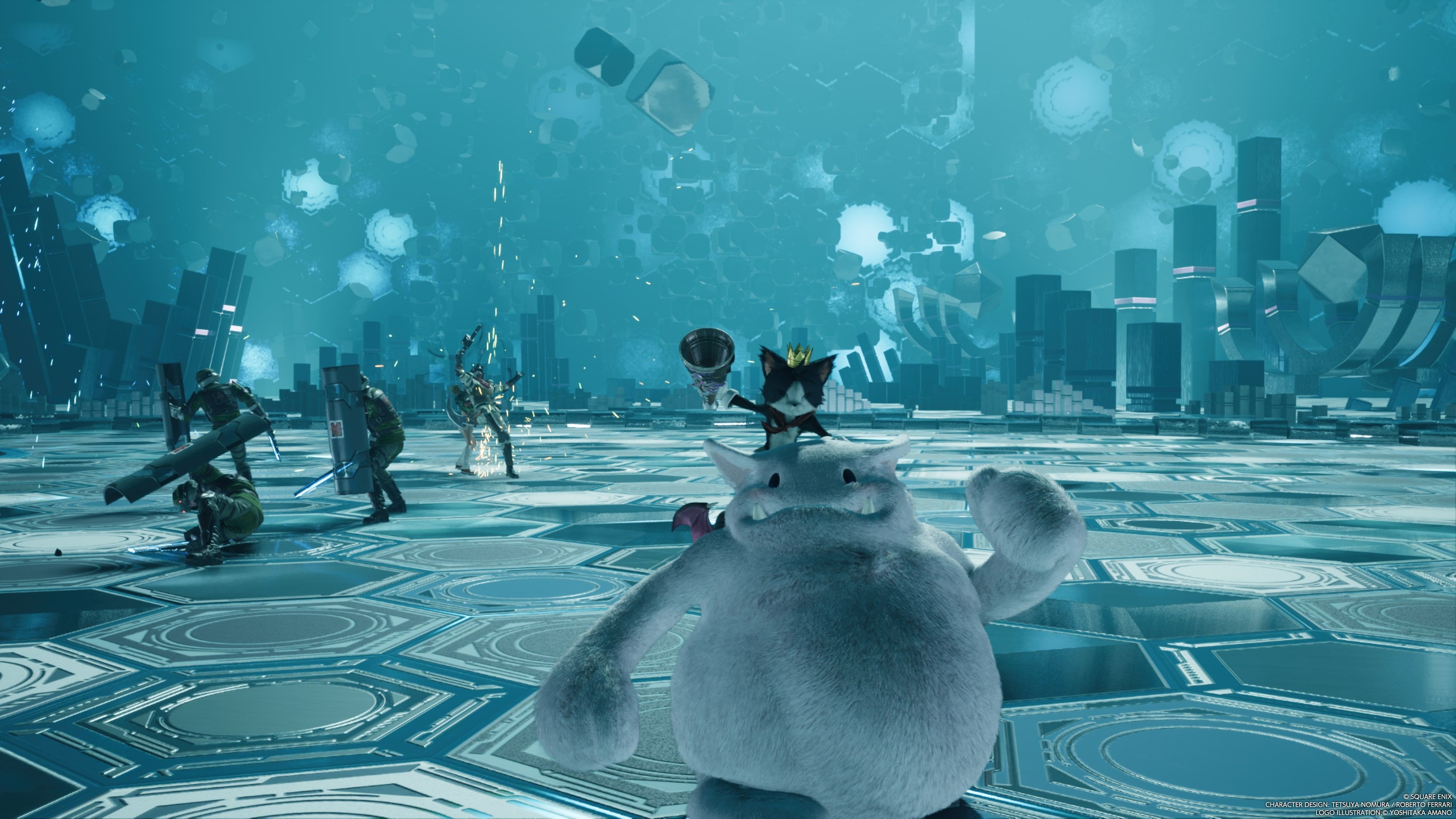 FINAL FANTASY VII REBIRTH Cait Sith montando su Moogle mientras los soldados de Shinra luchan en el fondo