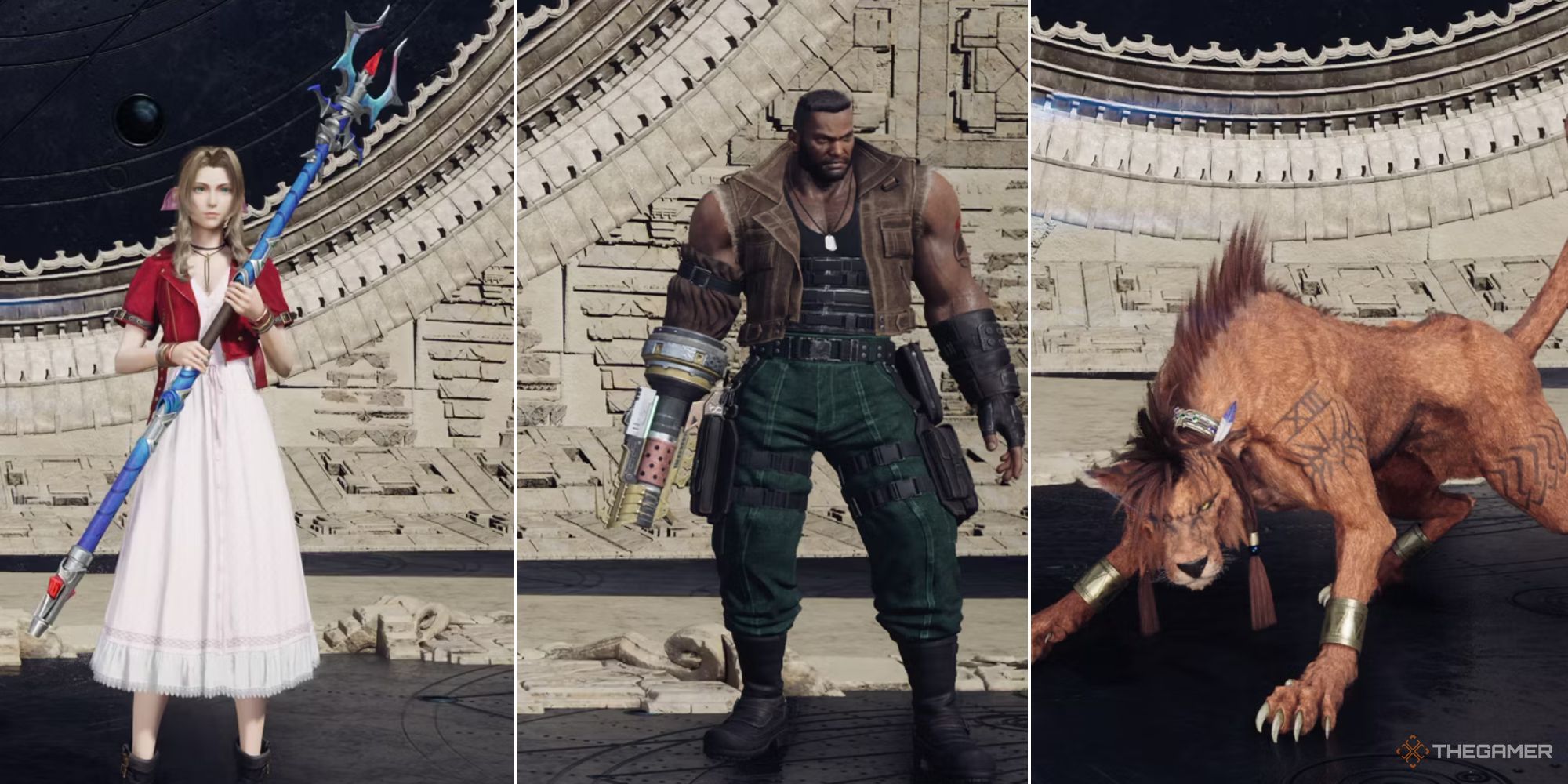 Una imagen dividida muestra a Aerith sosteniendo su bastón, Barret con el brazo de su arma y Red XIII con un collar. 