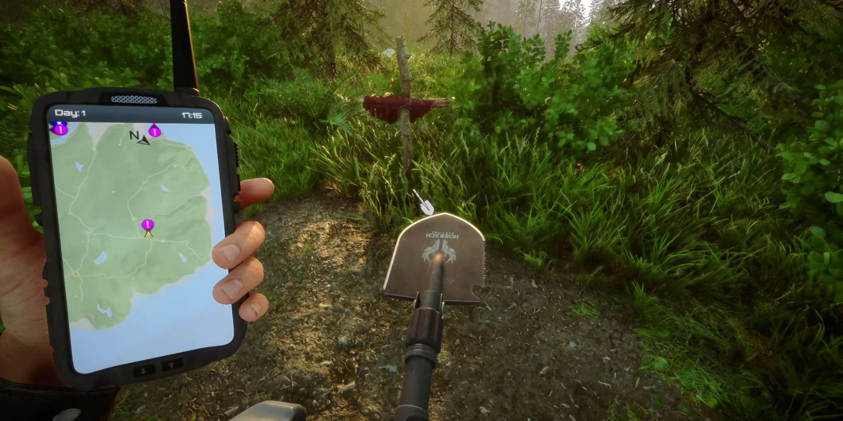 Teléfono con GPS junto a la tumba cruzada de Sons of the Forest