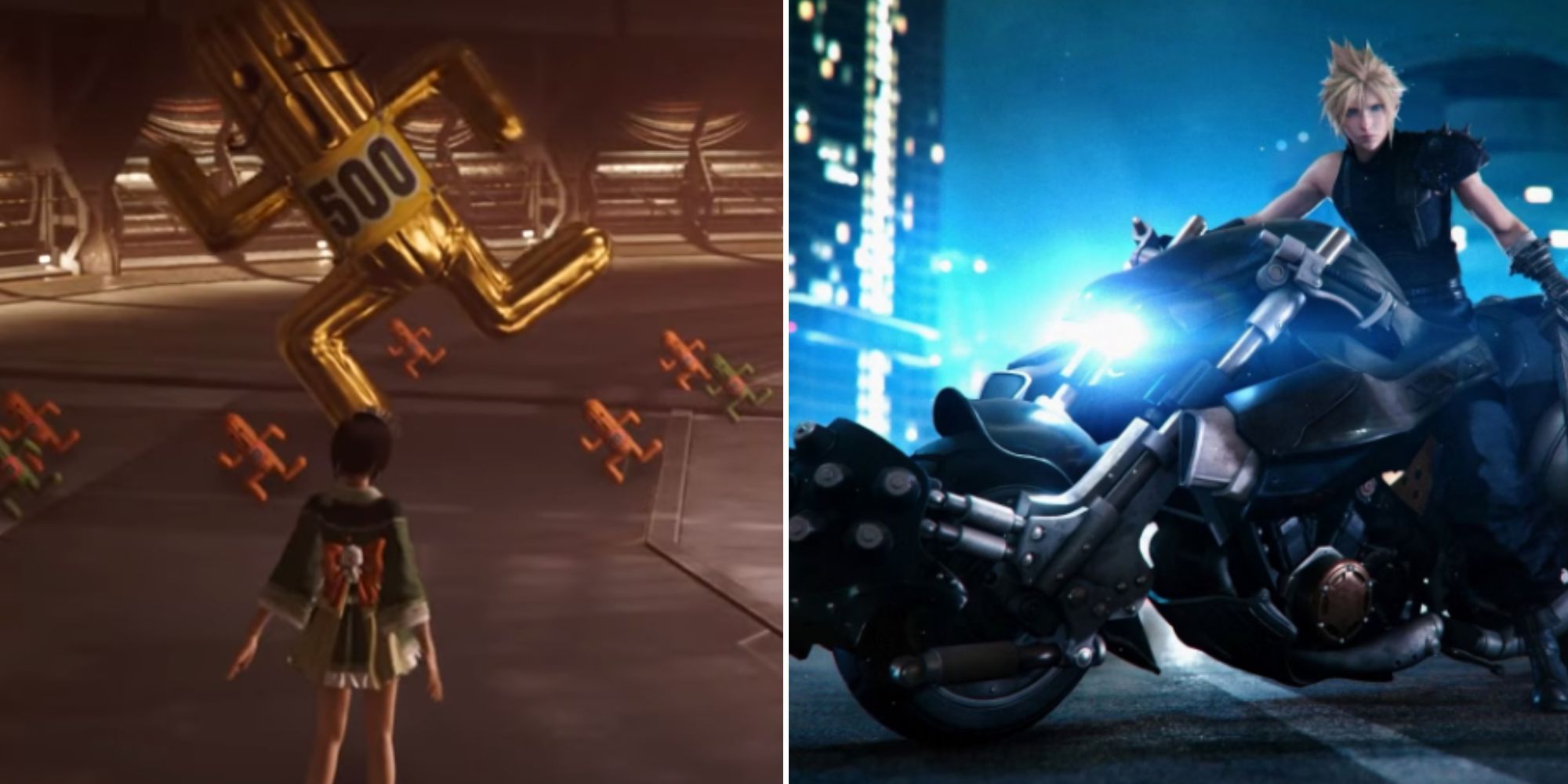 Una imagen dividida que muestra a Cloud en una motocicleta a la derecha y a Yuffie enfrentándose a los cactuares a la derecha.