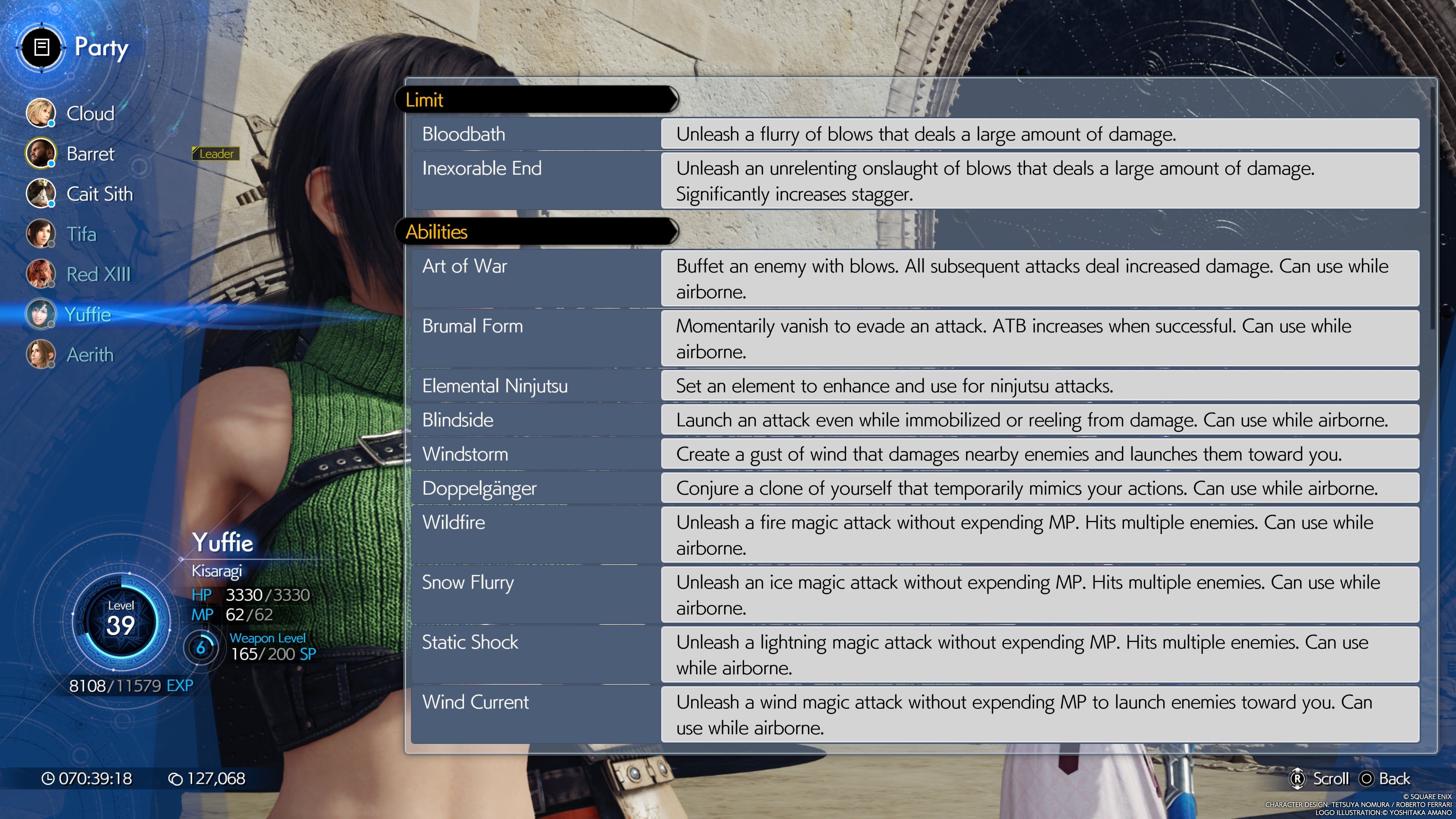 Límites y habilidades de FINAL FANTASY VII REBIRTH Yuffie como se ven en el menú del juego