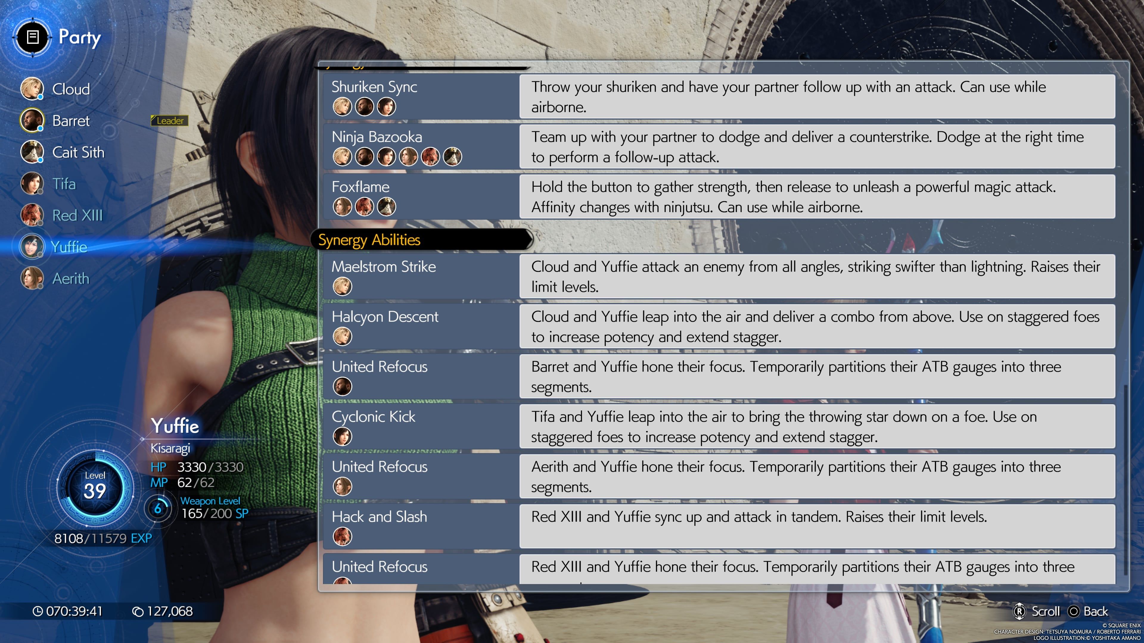 FINAL FANTASY VII REBIRTH Habilidades y habilidades de Yuffie Synergy como se ven en el menú del juego