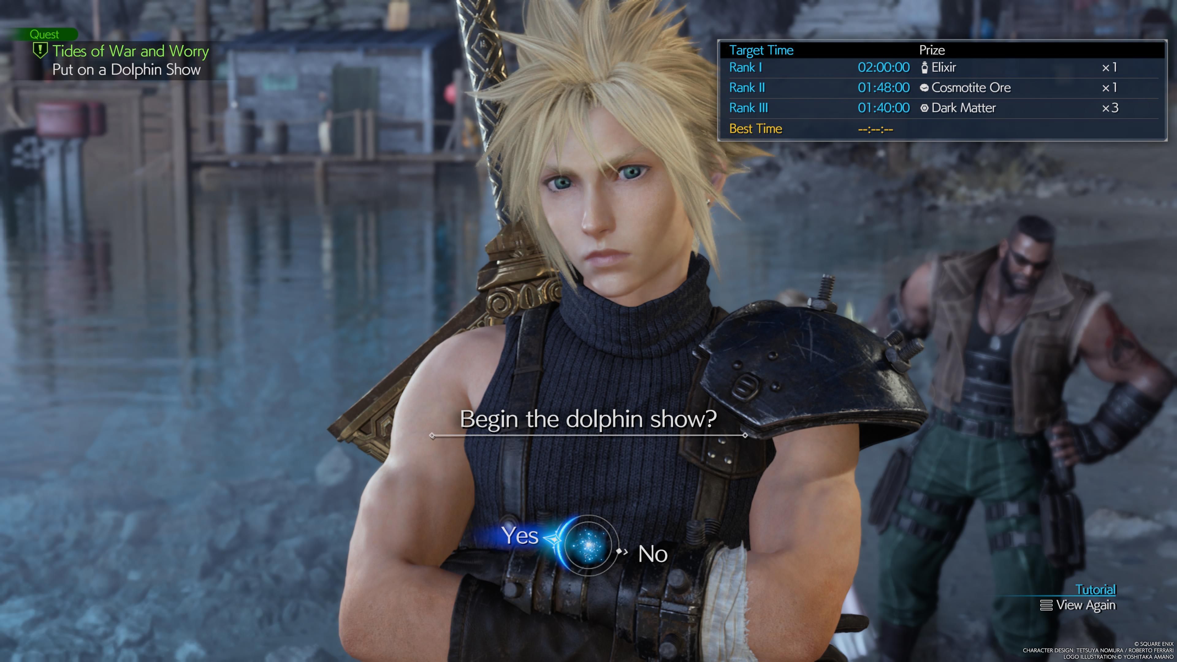 Cloud a punto de iniciar el minijuego de delfines - FF7 Rebirth