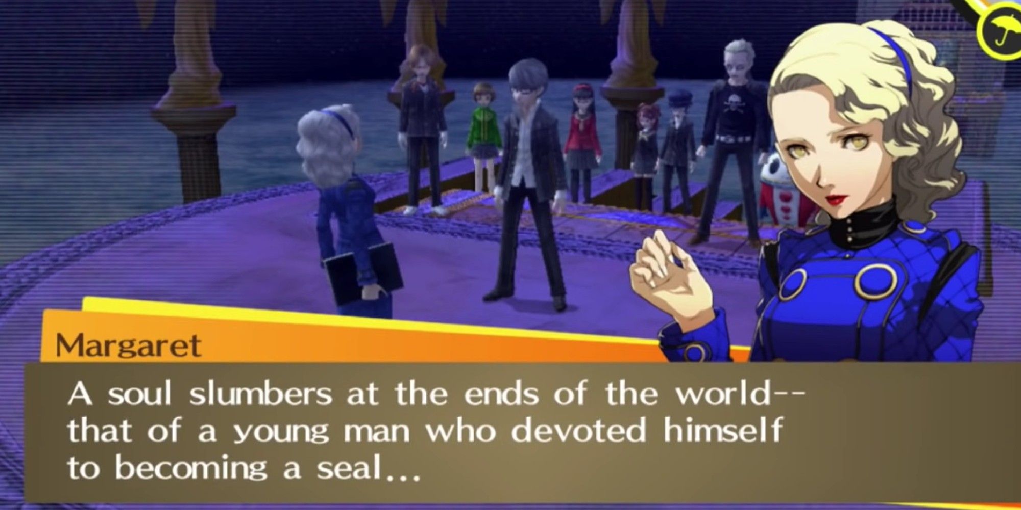 La protagonista de Persona 4 habla con Margaret después de la pelea con su jefe, con el resto del elenco detrás de ellos.
