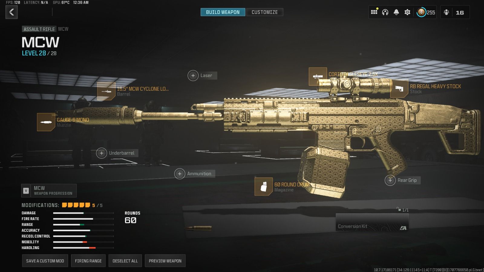 Menú de equipamiento que muestra la construcción de MCW de largo alcance en Call of Duty Warzone