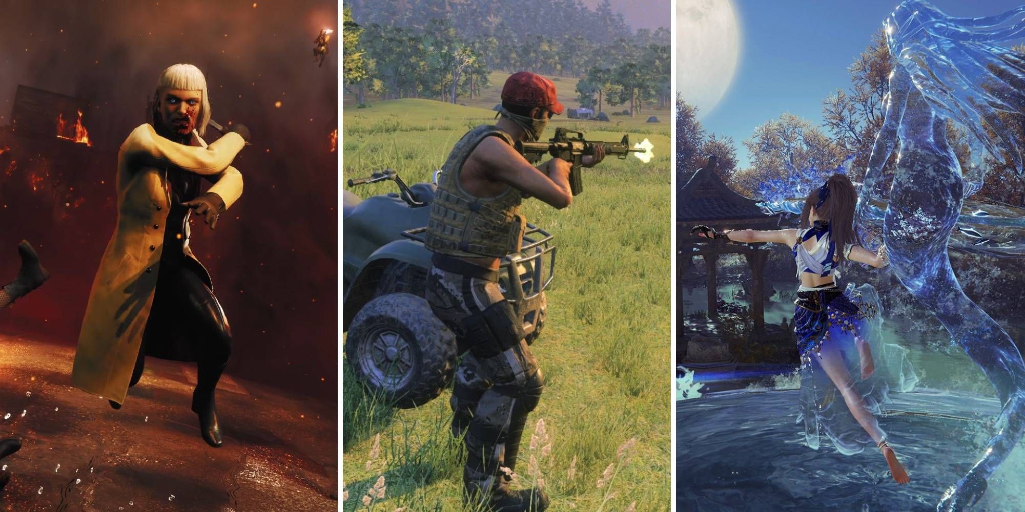 Un collage de personajes en acción en VtM: Bloodhunt, Z1 Battle Royale y Naraka: Bladepoint
