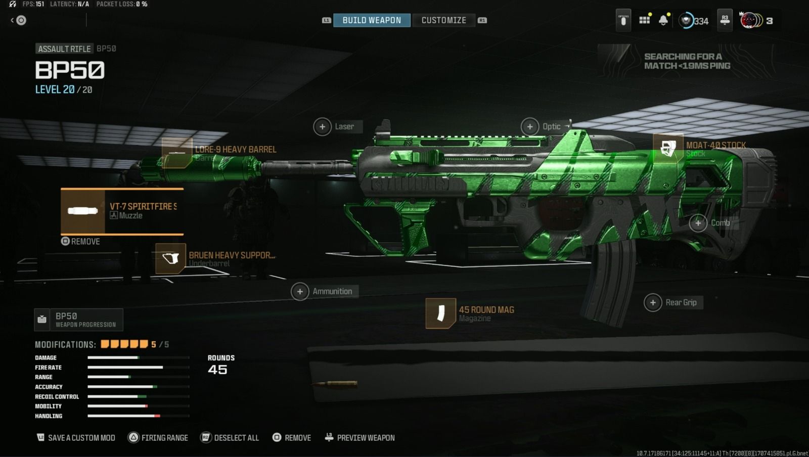 Menú de equipamiento que muestra la construcción BP50 de largo alcance en Call of Duty Warzone