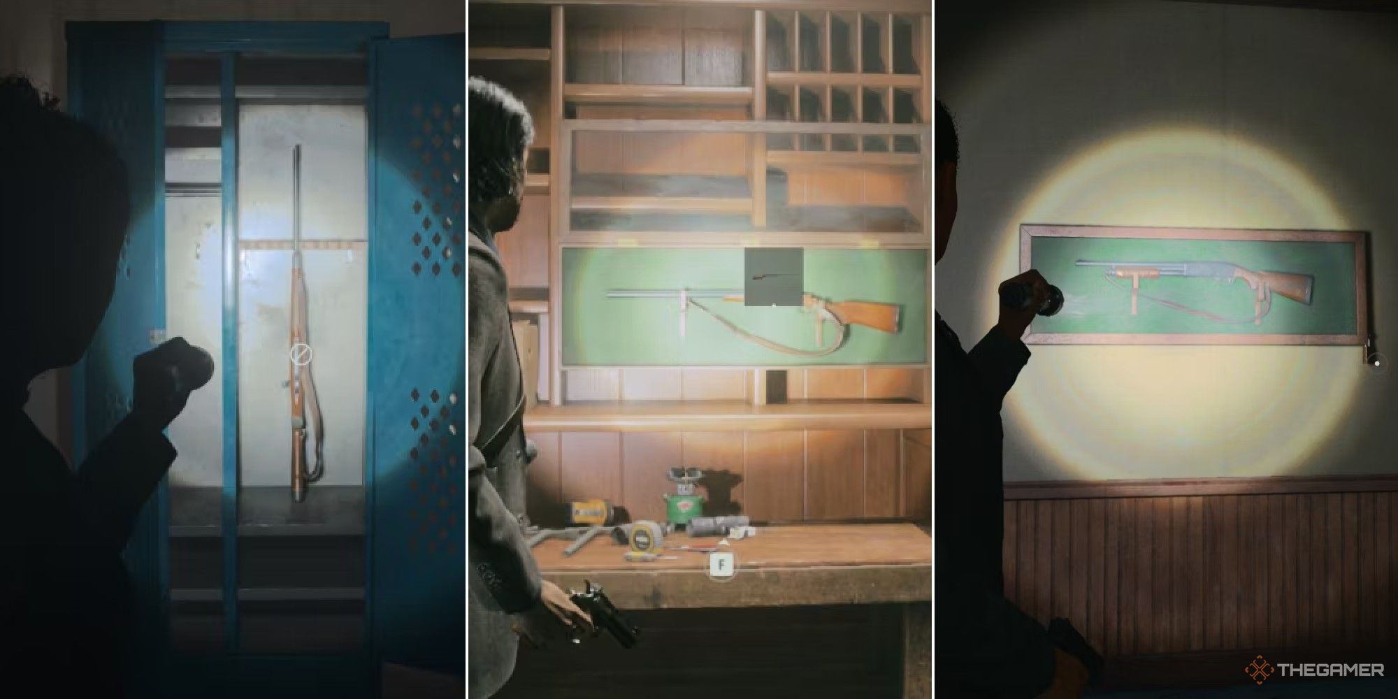 Collage de Alan Wake 2 que muestra a Saga y Alan encontrando armas de fuego