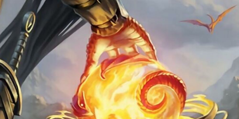 Una mano escamada descansa sobre el Orbe Carneliano de Dragonkind mientras un Dragón Rojo se acerca (1)