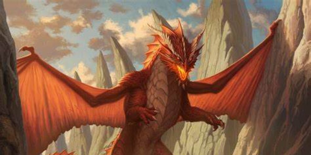 Un Dragón Rojo se alza sobre sus patas traseras, con las alas extendidas y llamas en la boca.