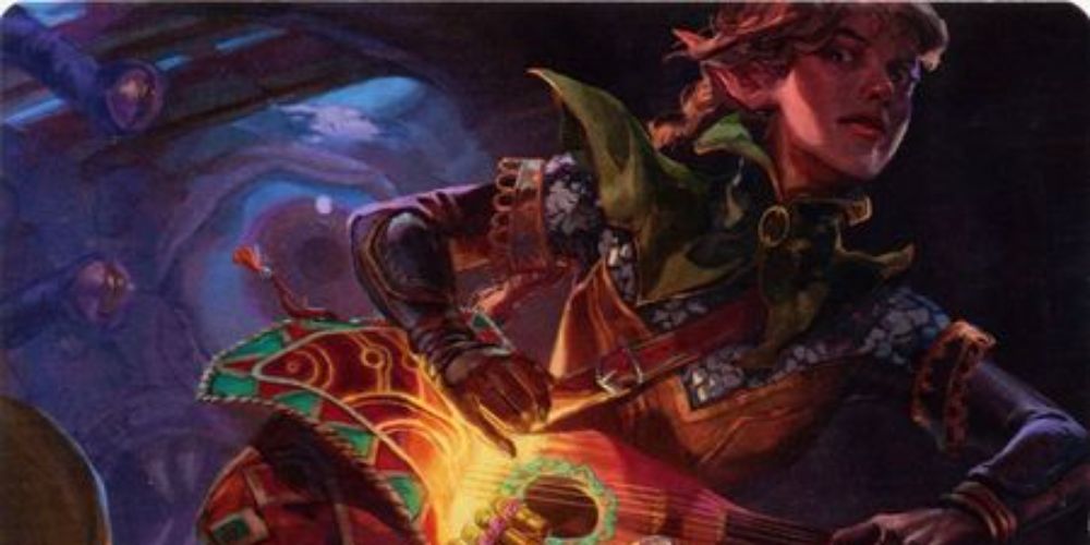 Un Tiefling corriendo por un pasillo mientras mete un laúd en una bolsa de almacenamiento.