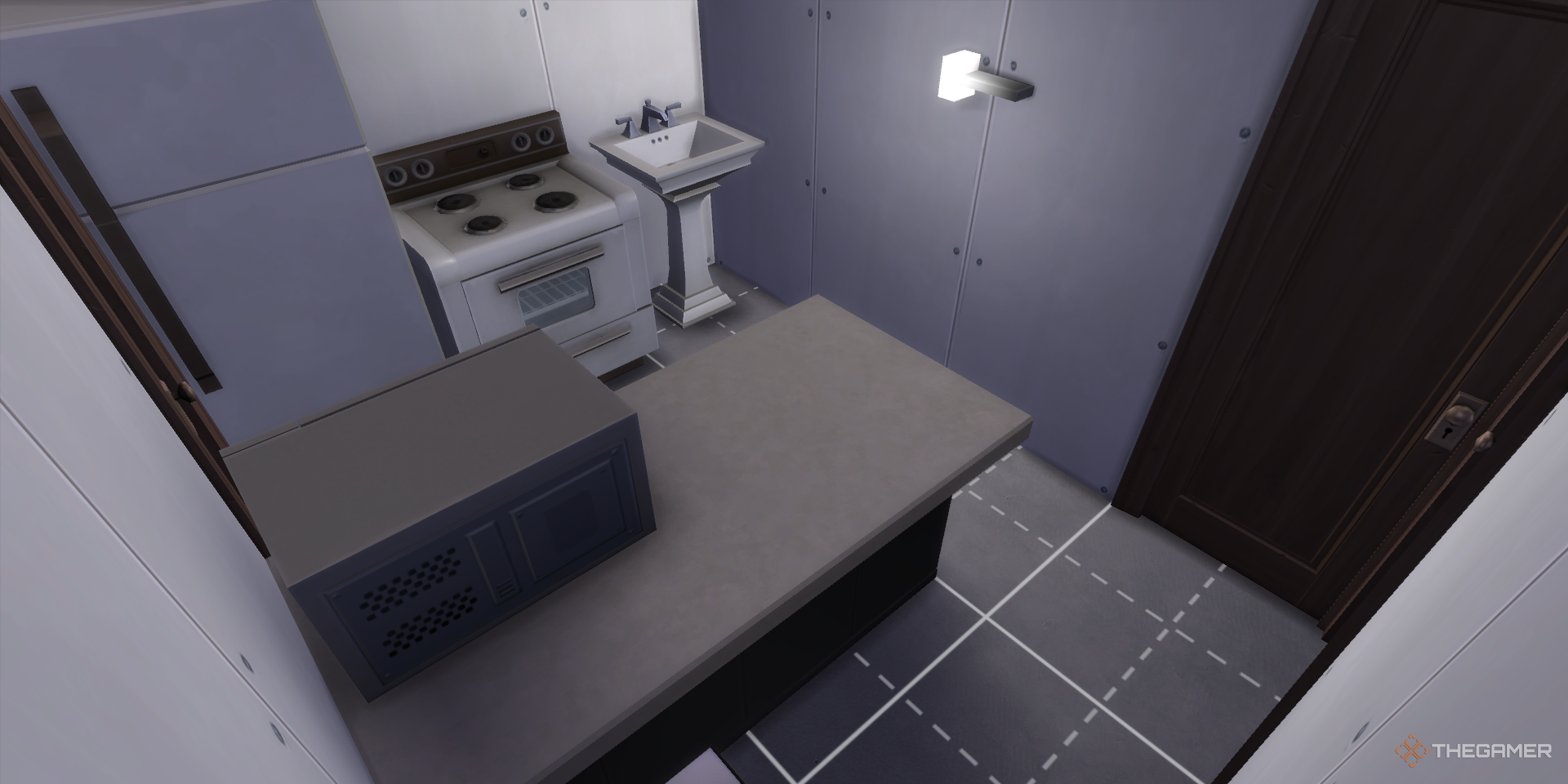 Los Sims 4 Cocina Inacabada Con isla, microondas, nevera, horno y fregadero.
