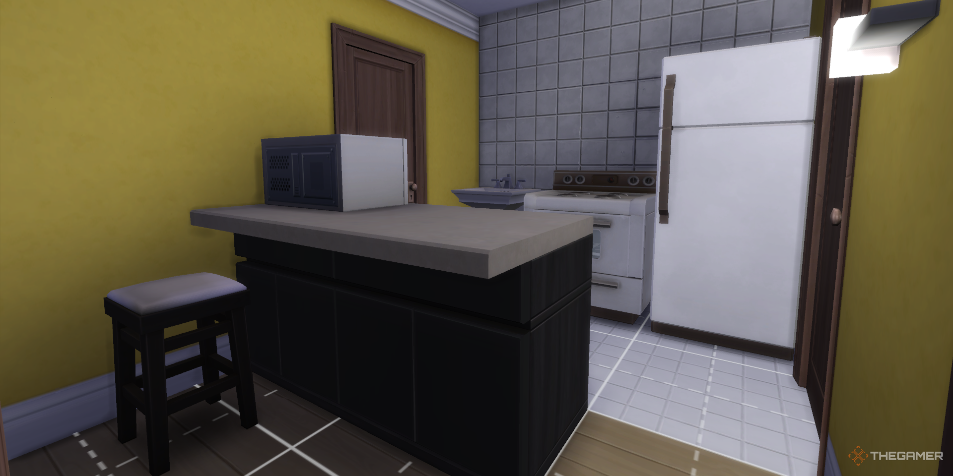 Una pequeña cocina en Los Sims 4 sin ventanas.