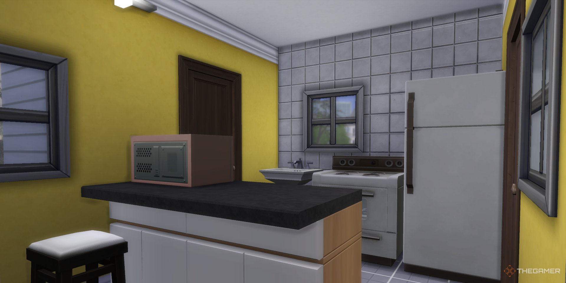 Una pequeña cocina con ventanas en Los Sims 4.
