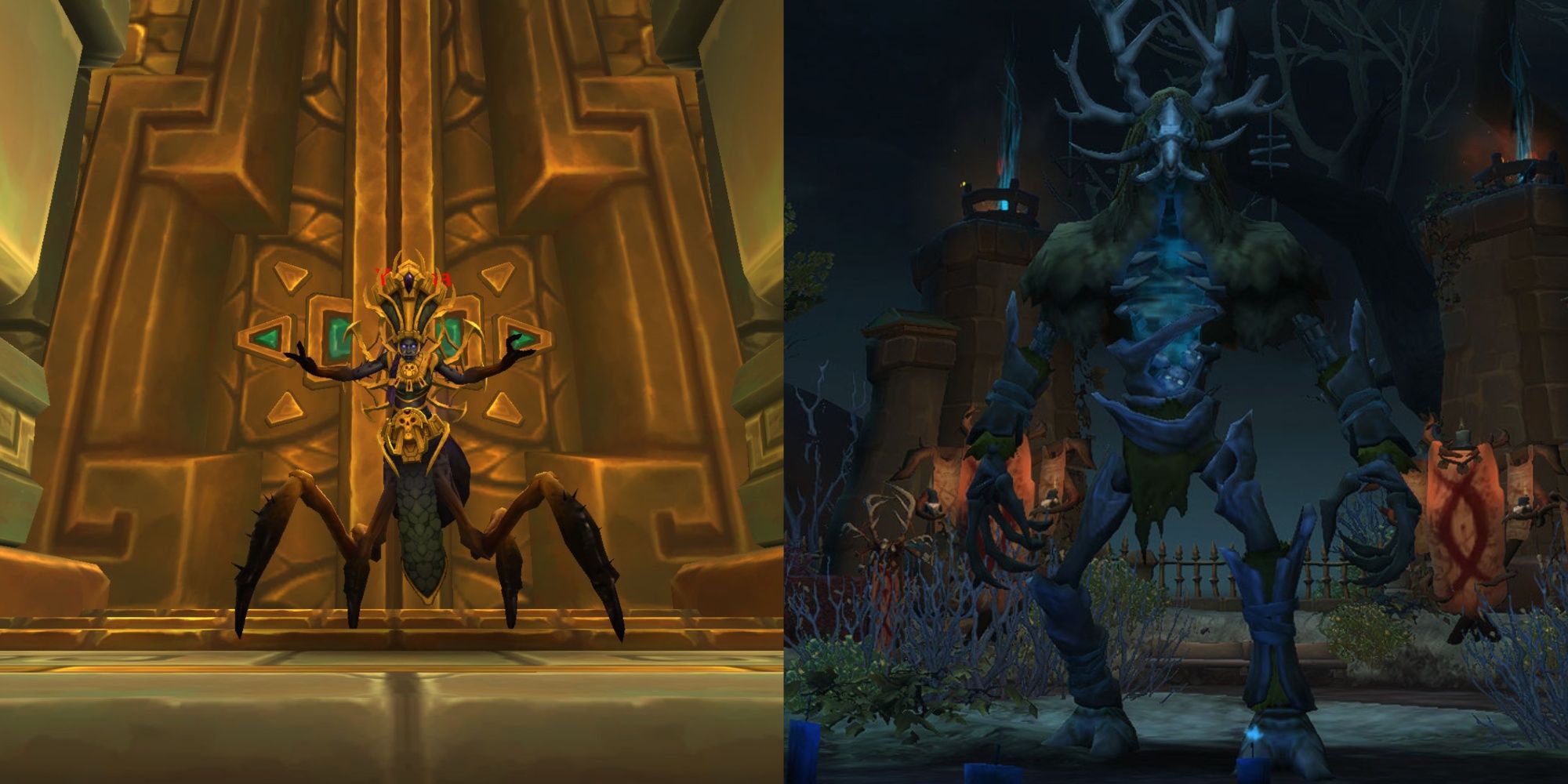 World of Warcraft: un dios araña vestido con una armadura azteca y un árbol gigante corrupto