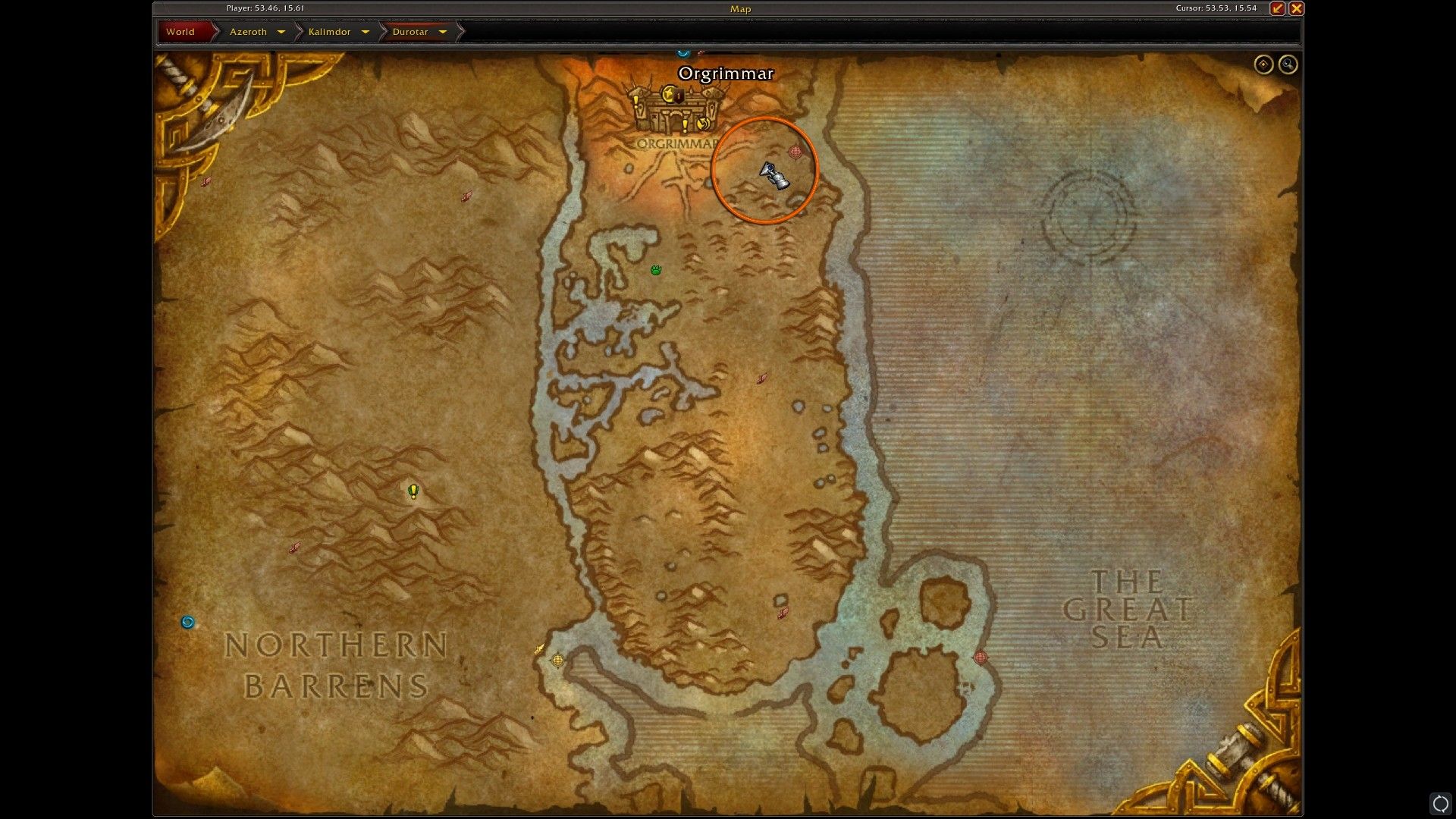 Un mapa de Orgrimmar que muestra la ubicación del evento Hearthstone en World of Warcraft.