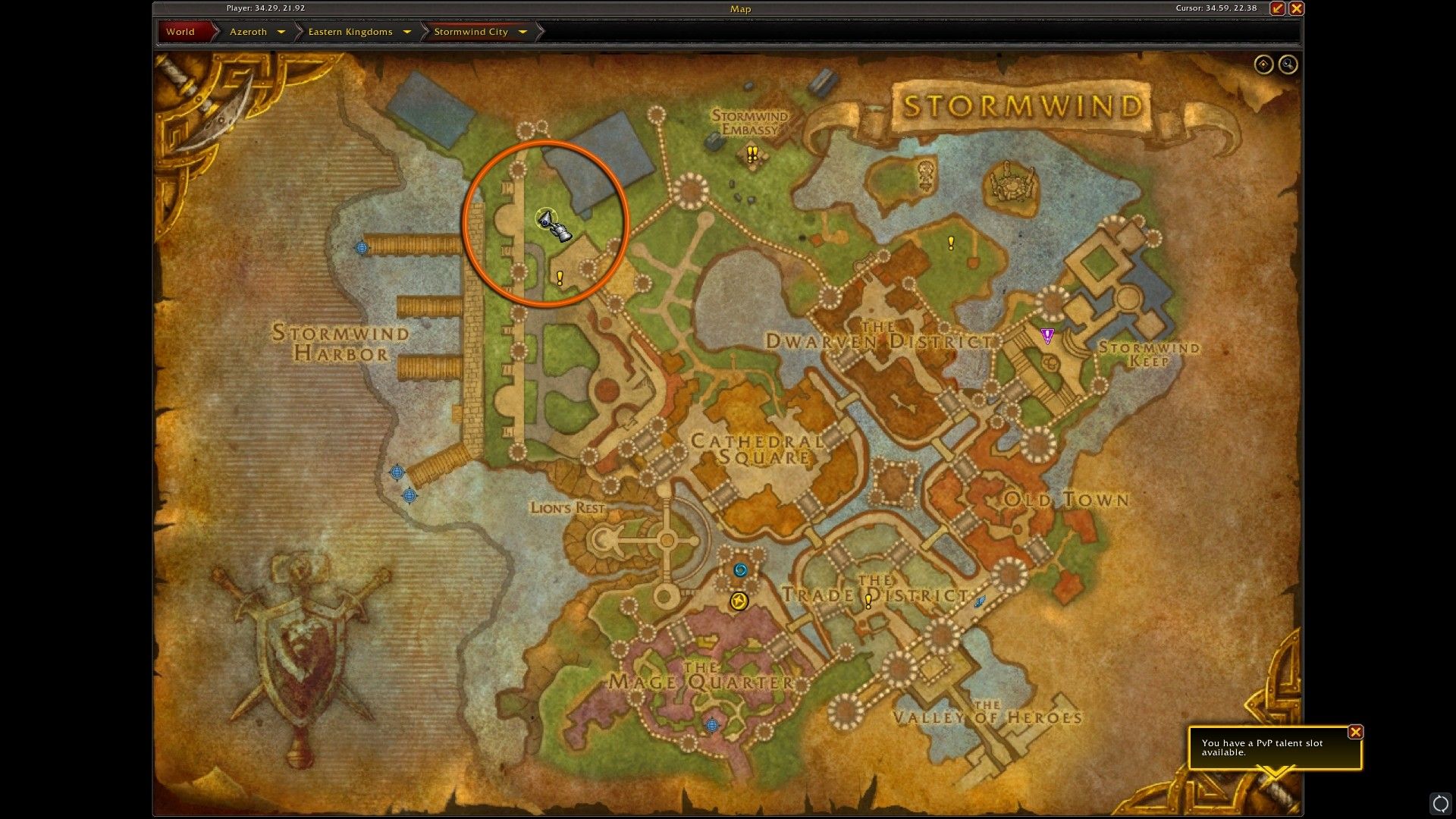 Un mapa de Ventormenta que muestra dónde se encuentra el evento Hearthstone en World of Warcraft.