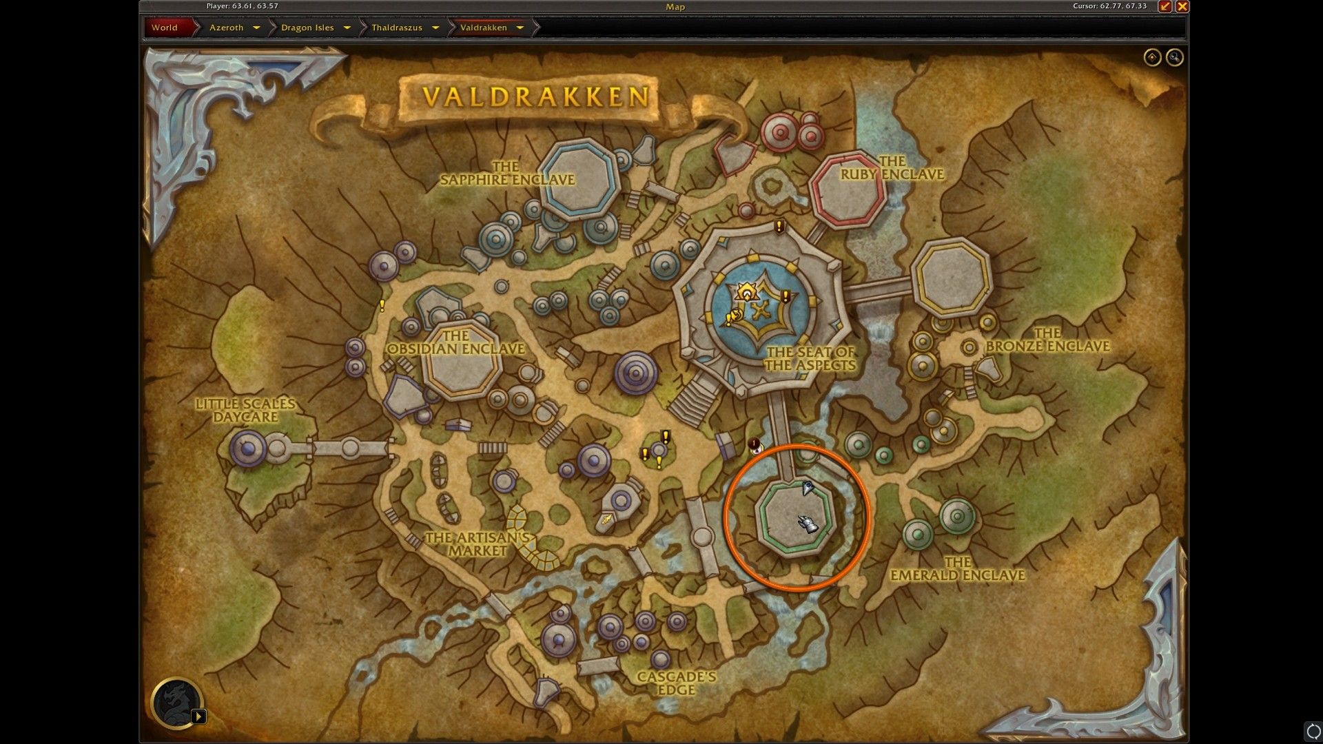 Un mapa de Valdrakken que muestra la ubicación del evento Hearthstone en World of Warcraft.